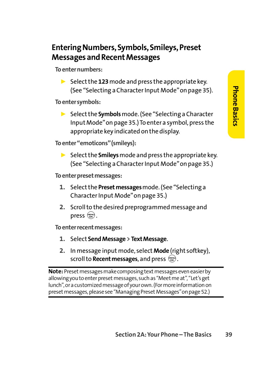 LG Electronics LX-350 manual Toenternumbers, Toentersymbols, Toenteremoticonssmileys, Toenterpresetmessages 