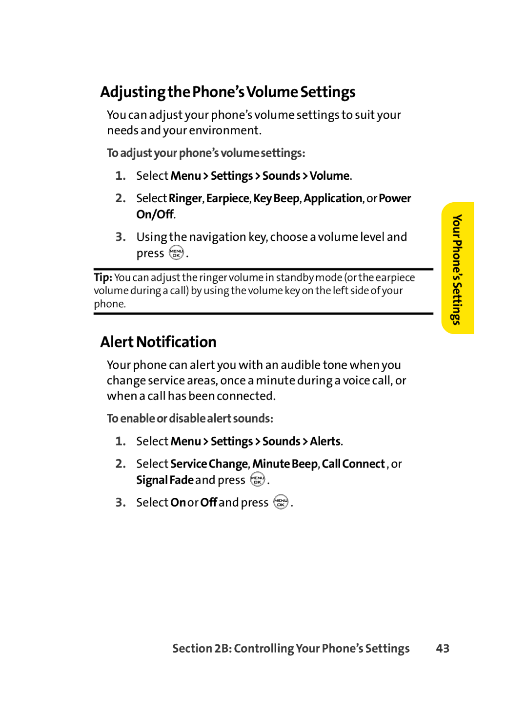 LG Electronics LX-350 manual Adjusting the Phone’sVolume Settings, AlertNotification, Toadjustyourphone’svolumesettings 