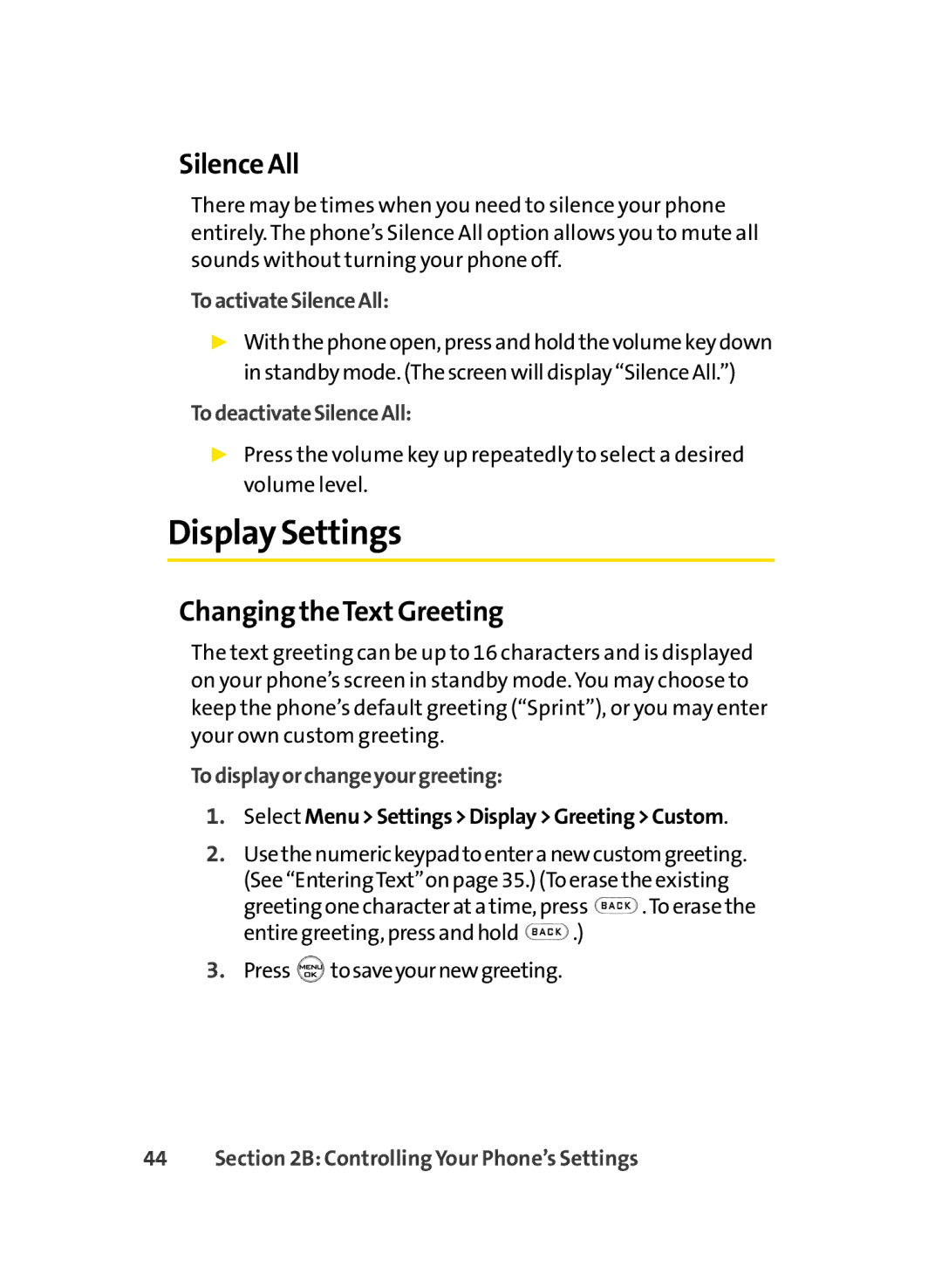 LG Electronics LX-350 manual Display Settings, Silence All, Changing theTextGreeting 