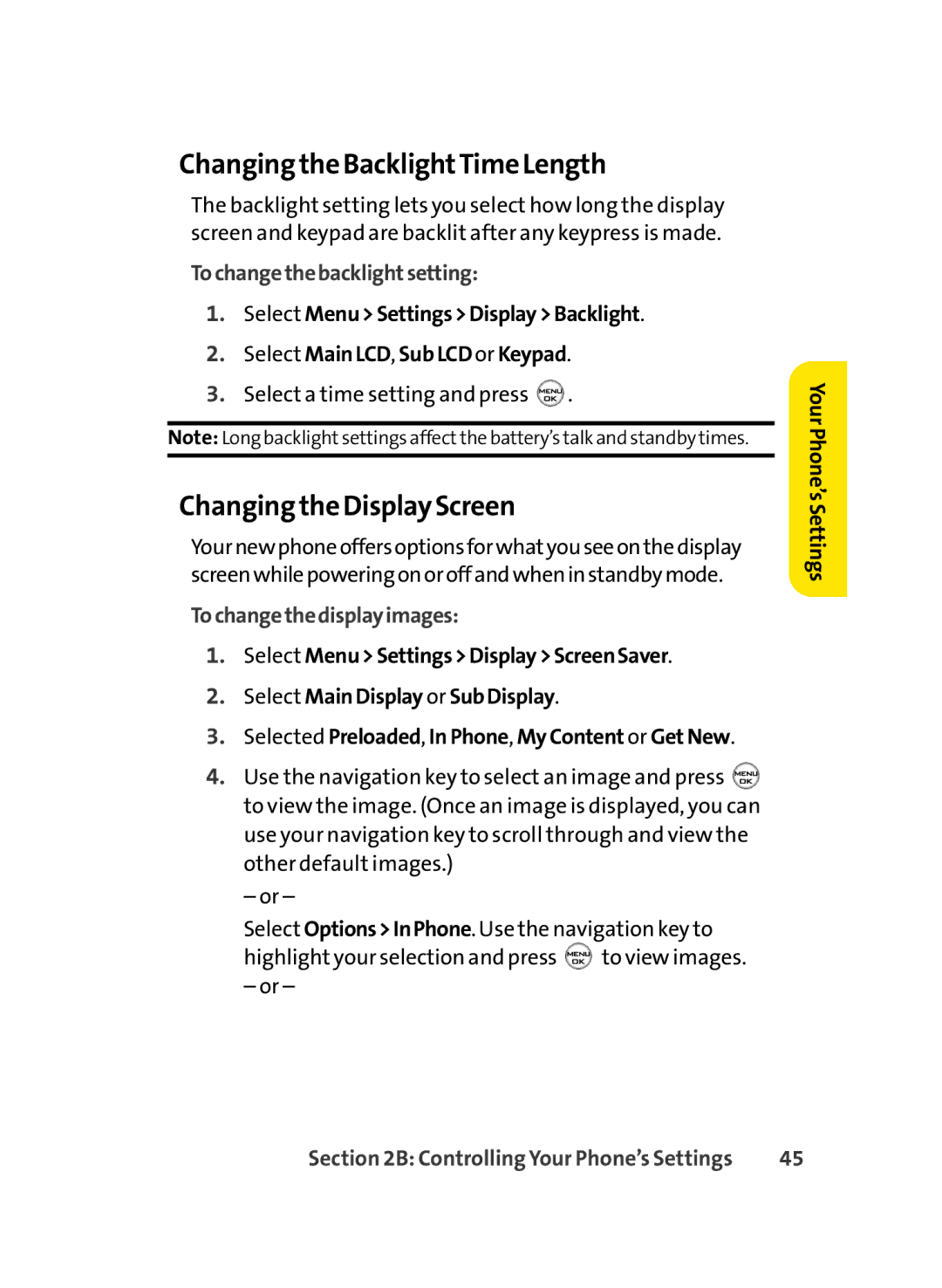 LG Electronics LX-350 manual Changing the BacklightTime Length, Changing the Display Screen, Tochangethebacklightsetting 