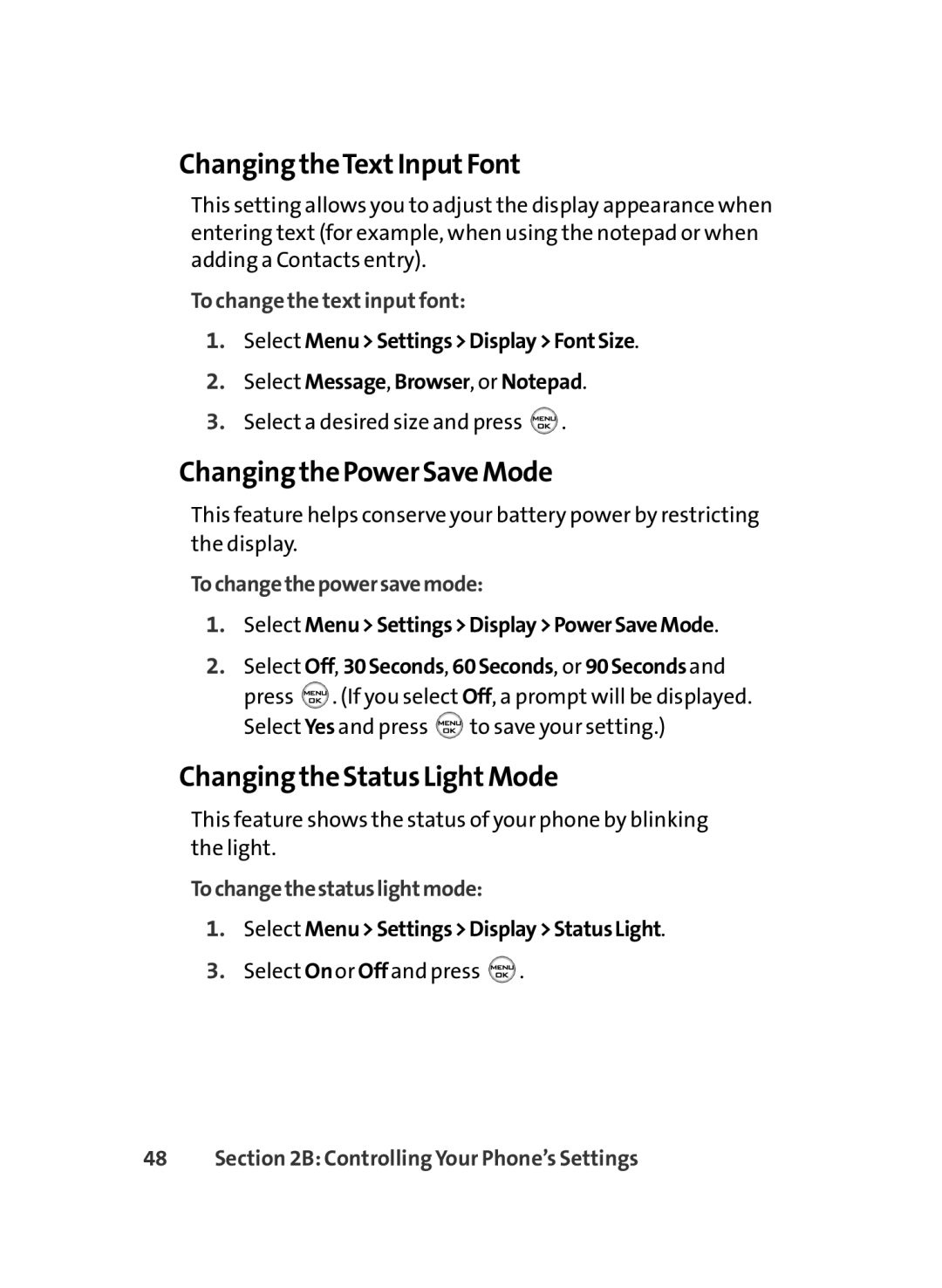 LG Electronics LX-350 manual Changing theTextInputFont, Changing the Power Save Mode, Changing the Status LightMode 