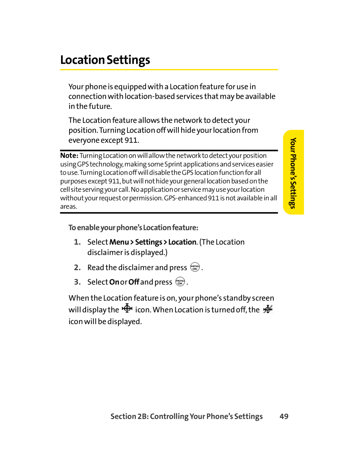 LG Electronics LX-350 manual Location Settings, Toenableyourphone’sLocationfeature 