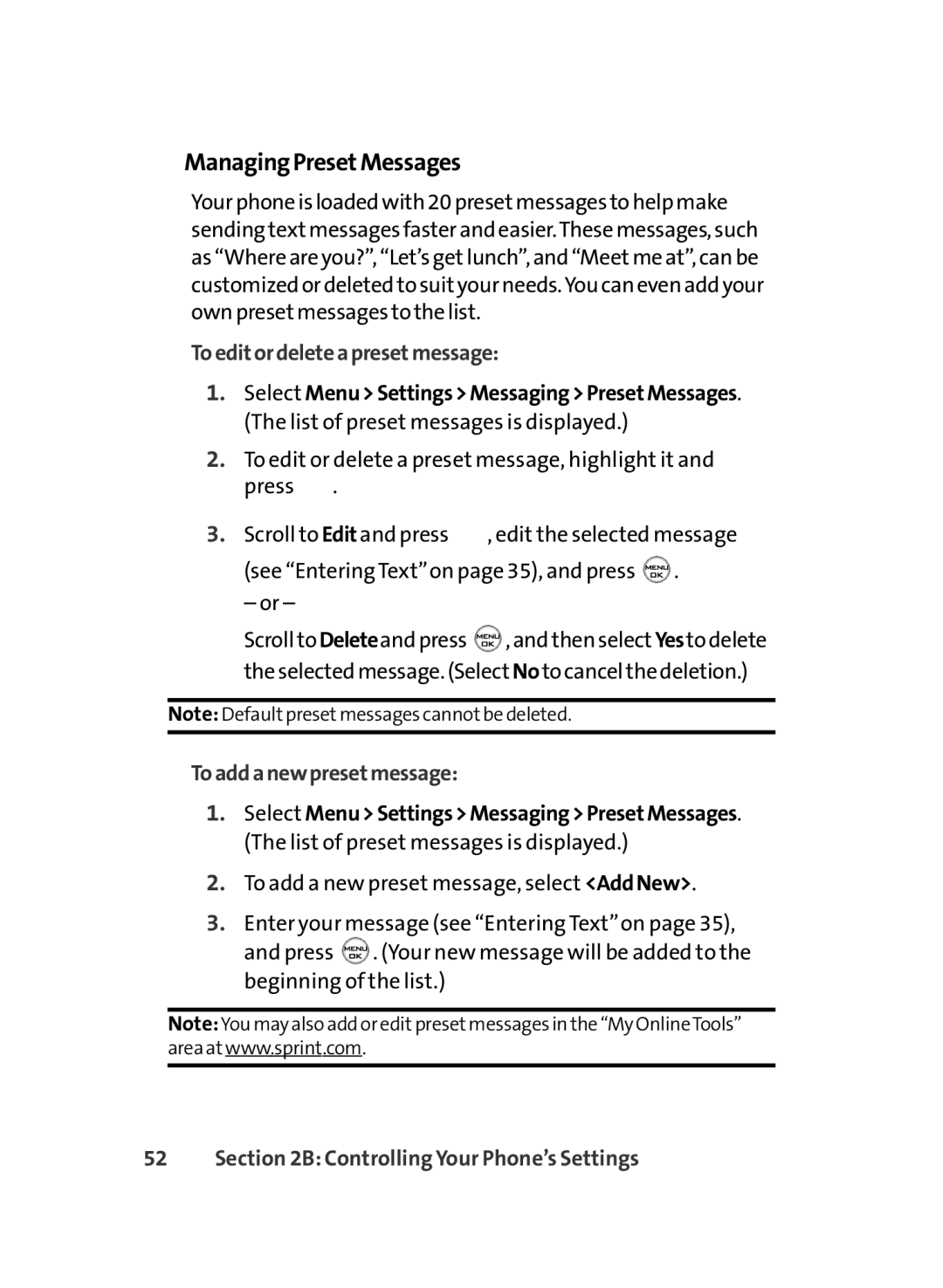 LG Electronics LX-350 manual ManagingPresetMessages, Toeditordeleteapresetmessage, Toaddanewpresetmessage 