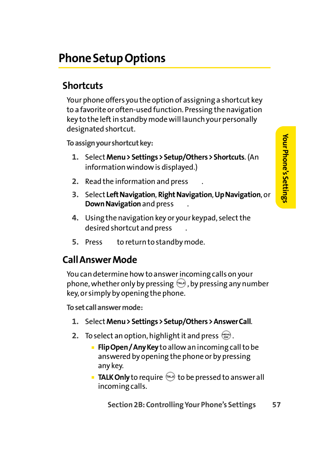 LG Electronics LX-350 manual Phone Setup Options, Shortcuts, Call Answer Mode, Toassignyourshortcutkey, Tosetcallanswermode 