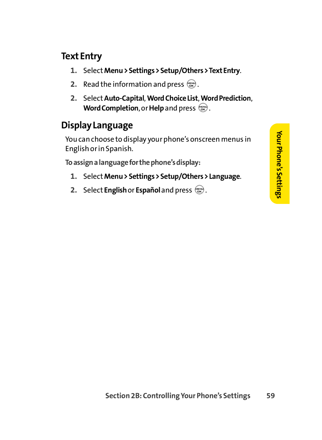 LG Electronics LX-350 manual Text Entry, Display Language, Select MenuSettingsSetup/OthersTextEntry 