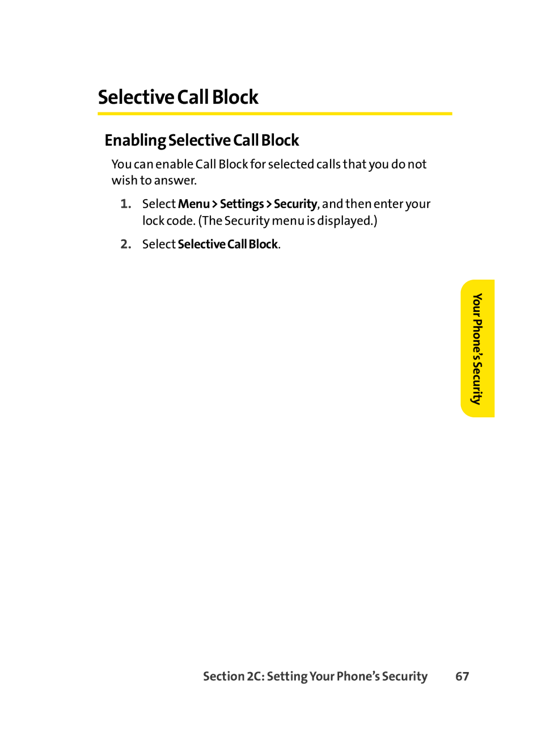 LG Electronics LX-350 manual Enabling Selective Call Block, Select SelectiveCallBlock Your Phone’s Security 