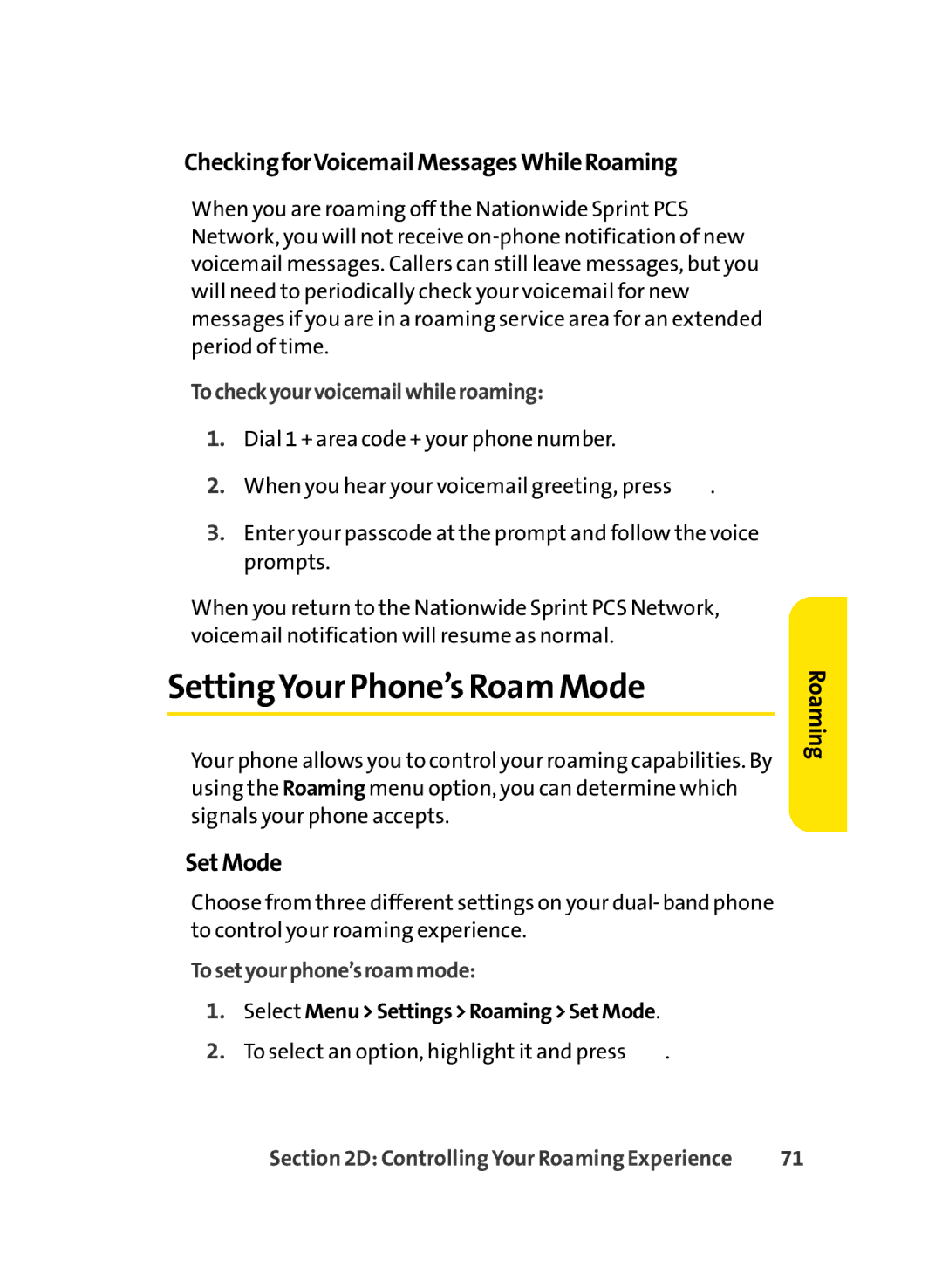 LG Electronics LX-350 manual SettingYour Phone’s Roam Mode, CheckingforVoicemailMessagesWhileRoaming, SetMode 