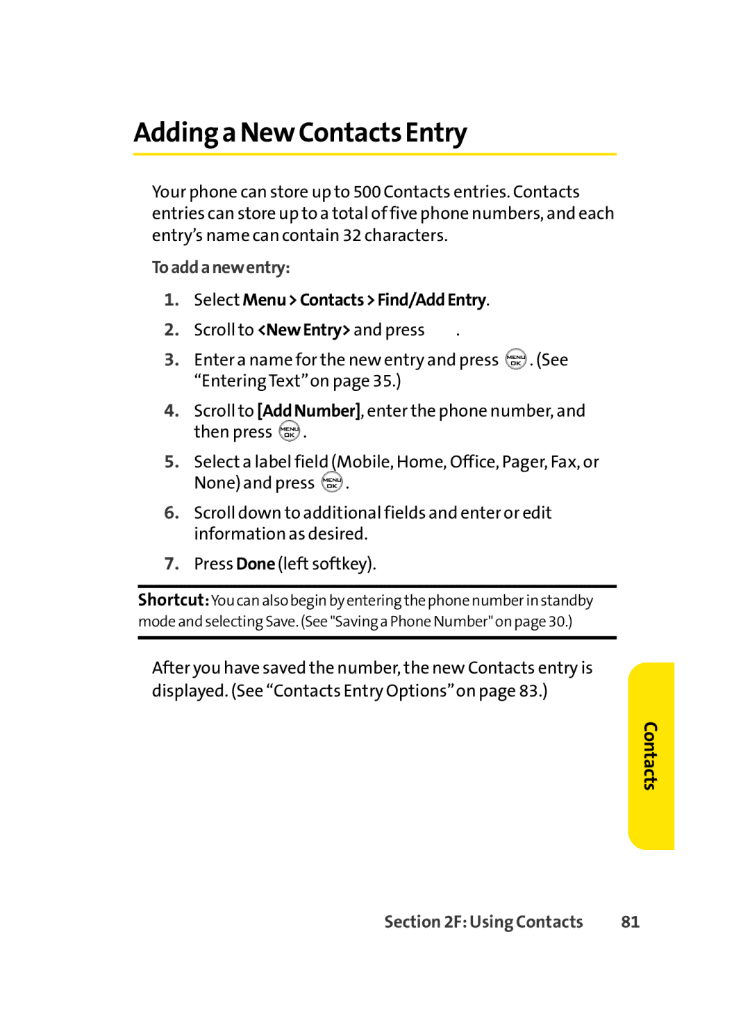 LG Electronics LX-350 manual Adding a New Contacts Entry, Toaddanewentry, Select MenuContactsFind/AddEntry 