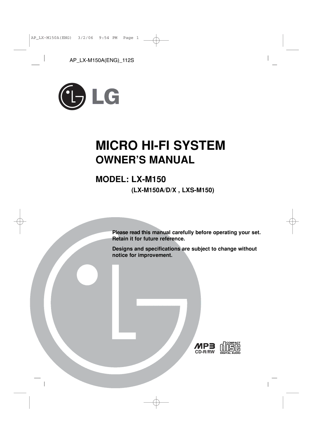 LG Electronics LX-M150 owner manual Micro HI-FI System, Cd-R/Rw 