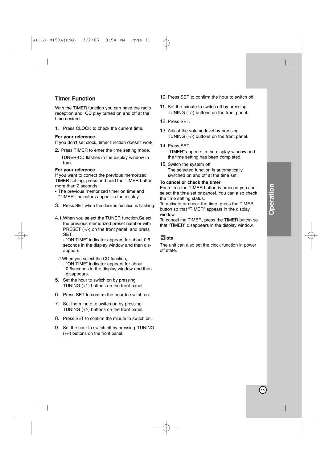 LG Electronics LX-M150 owner manual Timer Function, For your reference, To cancel or check the timer 