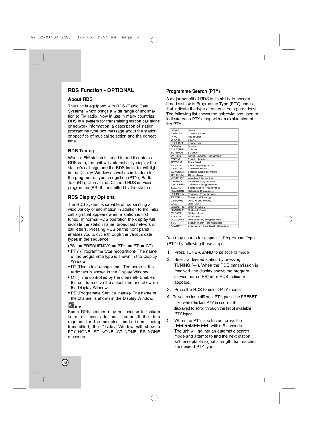 LG Electronics LX-M150 owner manual RDS Function Optional, About RDS, RDS Tuning, RDS Display Options, Programme Search PTY 