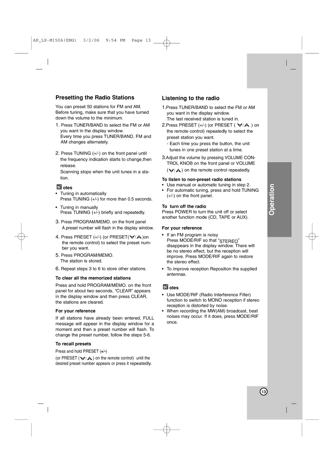 LG Electronics LX-M150 owner manual Presetting the Radio Stations, Listening to the radio 