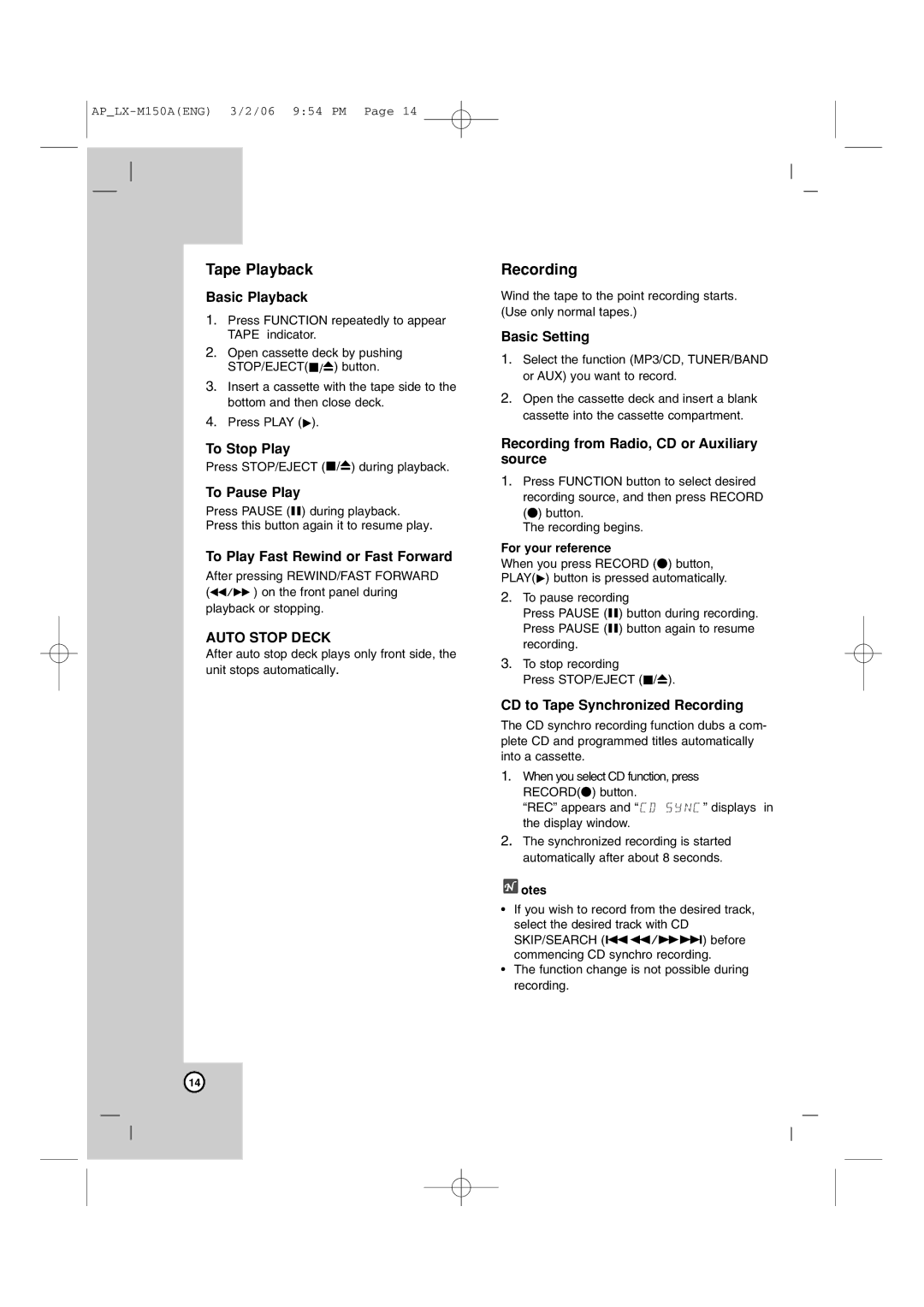 LG Electronics LX-M150 owner manual Tape Playback, Recording 