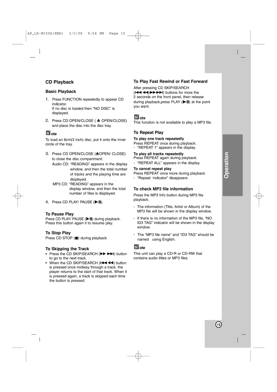 LG Electronics LX-M150 owner manual CD Playback, To Skipping the Track, To Repeat Play, To check MP3 file information 