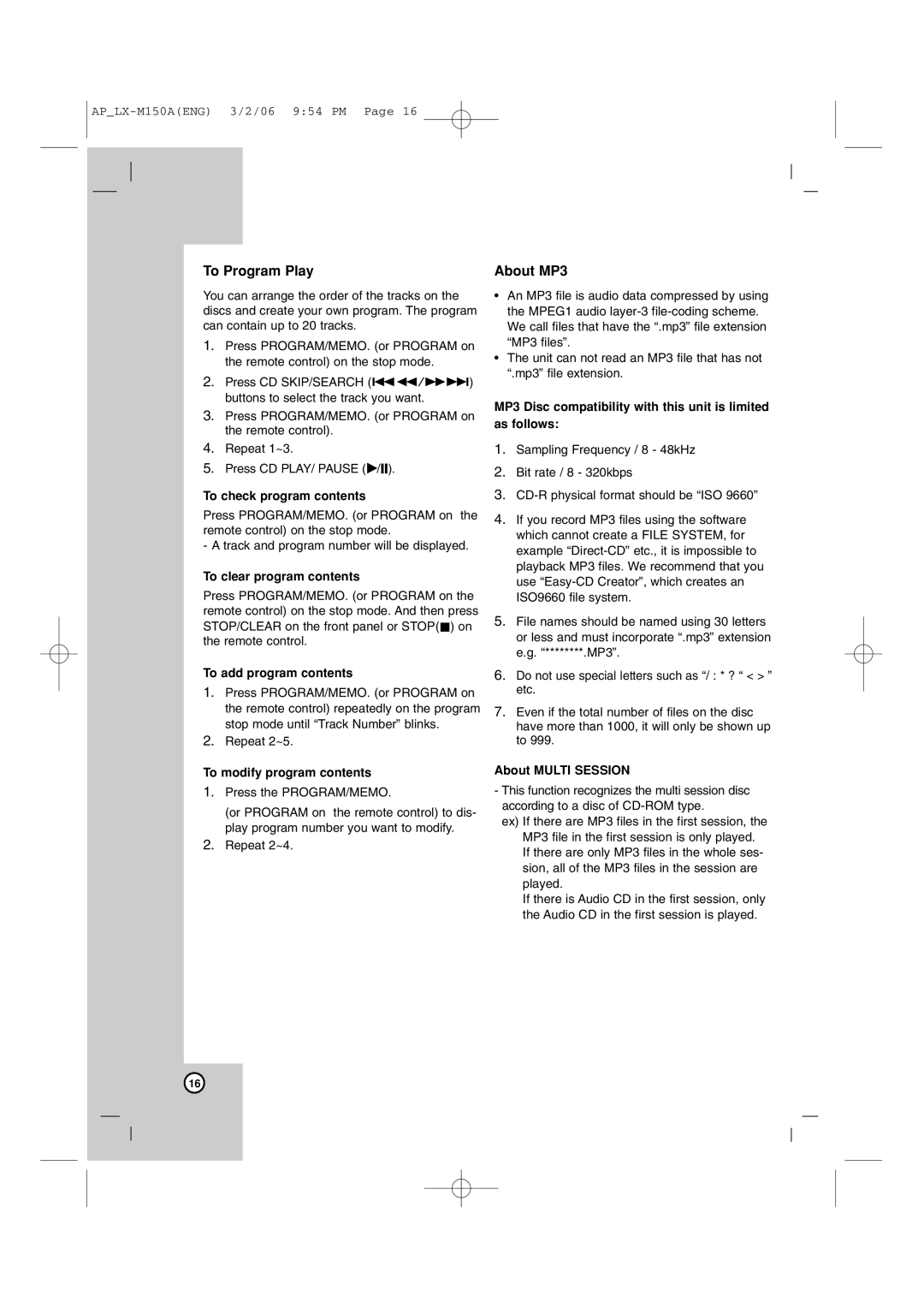 LG Electronics LX-M150 owner manual To Program Play, About MP3 