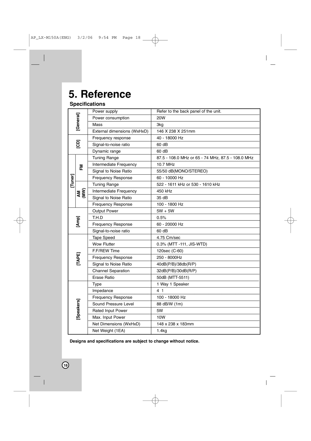 LG Electronics LX-M150 owner manual Reference, Specifications, Tuner Amp Amcd General FM MW, Tape, Speakers 