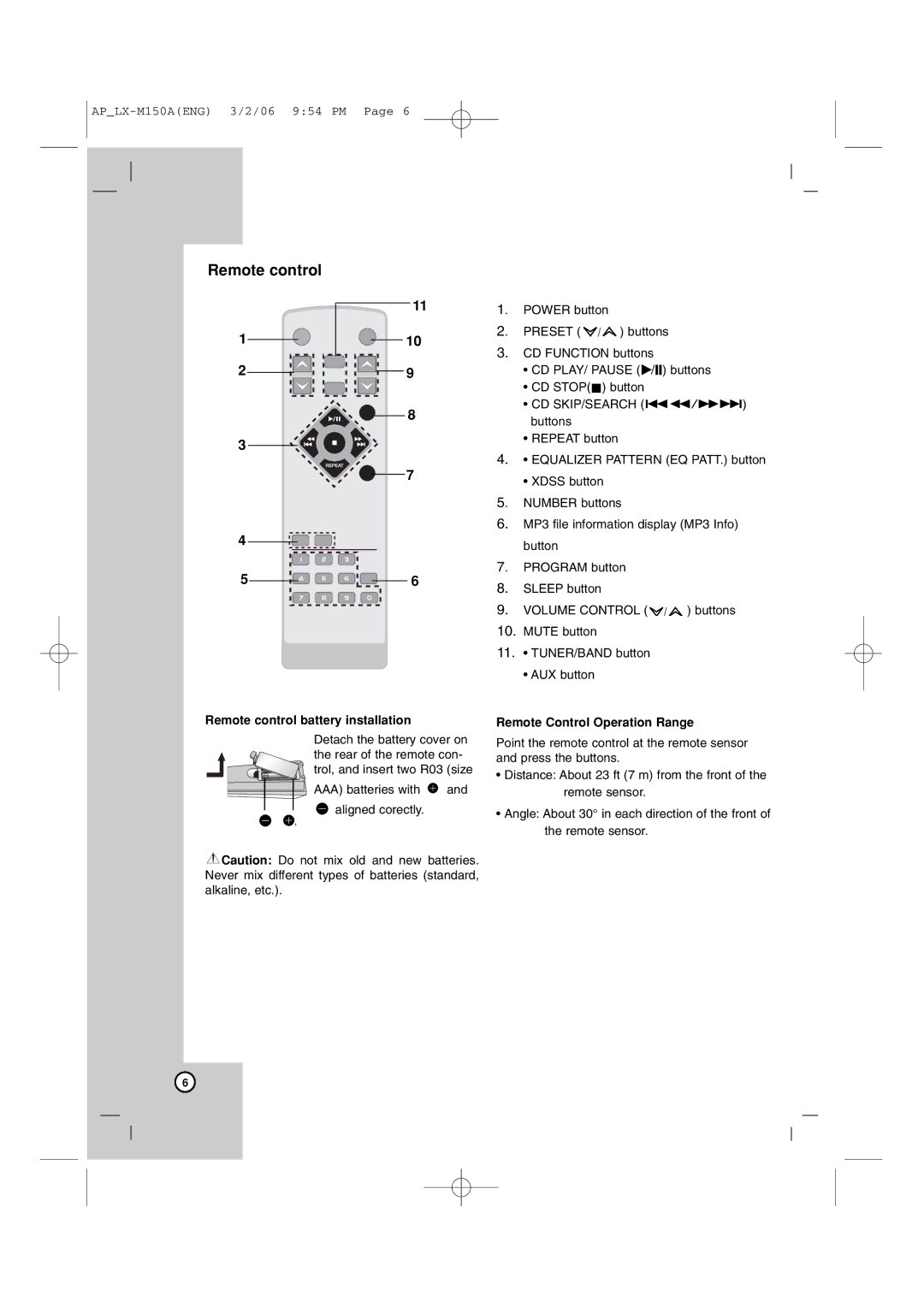 LG Electronics LX-M150 owner manual Remote control battery installation, Remote Control Operation Range 