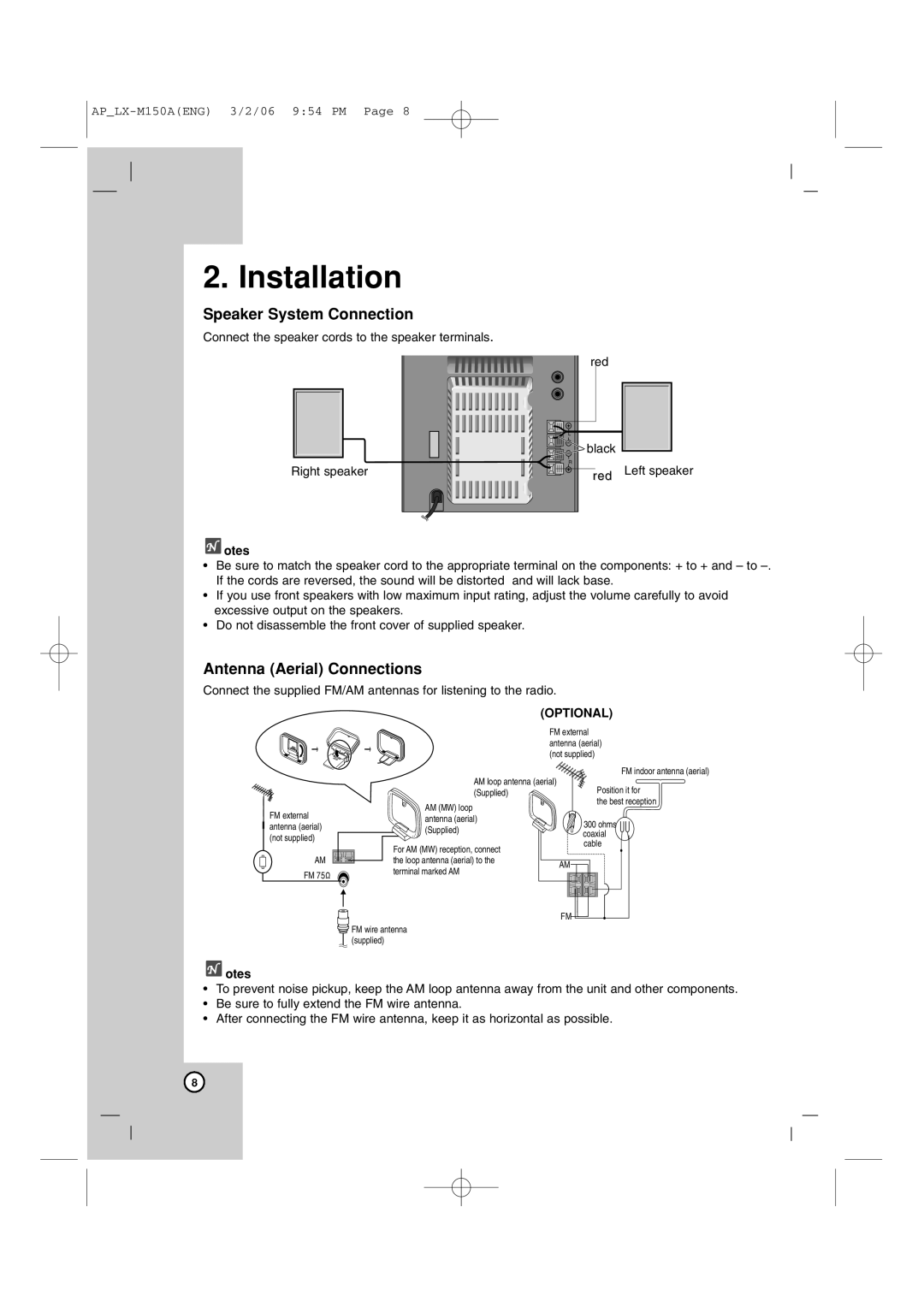 LG Electronics LX-M150 owner manual Installation, Speaker System Connection, Antenna Aerial Connections, Otes, Optional 