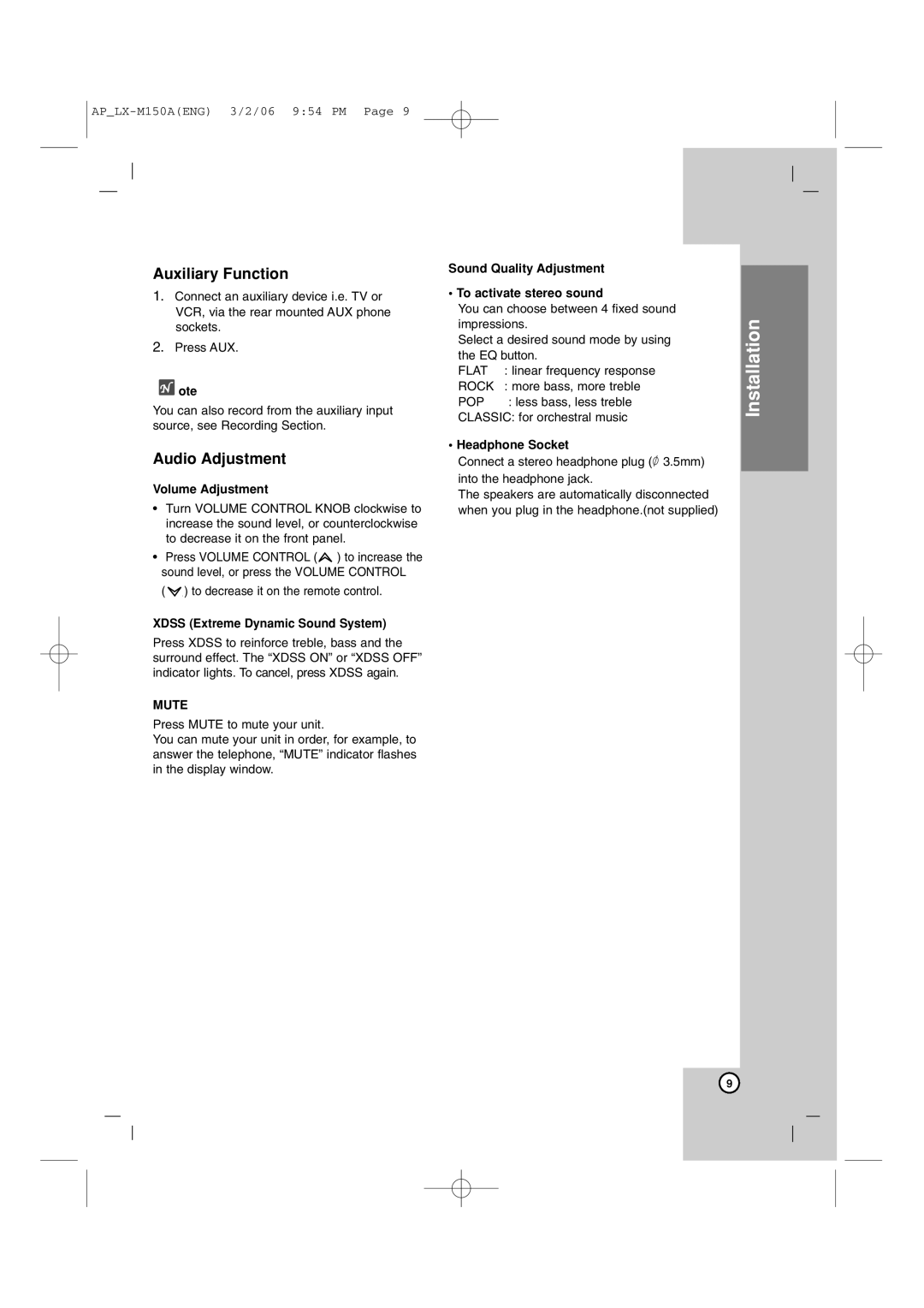 LG Electronics LX-M150 owner manual Auxiliary Function, Audio Adjustment, Mute 