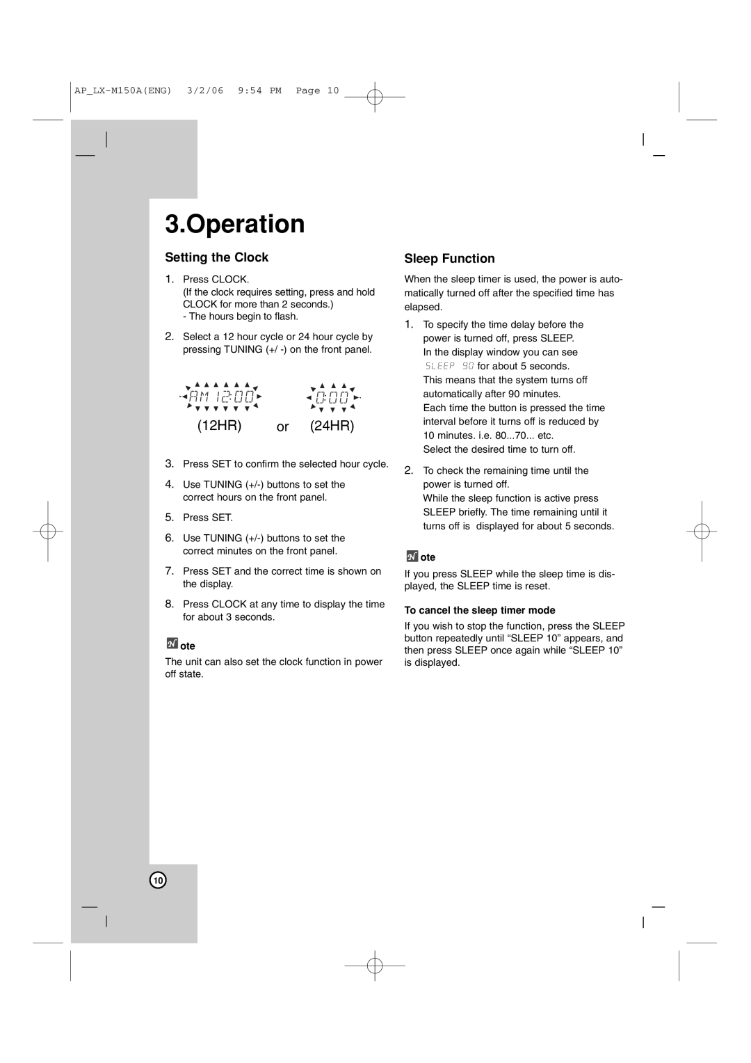 LG Electronics LX-M150 owner manual Operation, 12HR or 24HR, To cancel the sleep timer mode 
