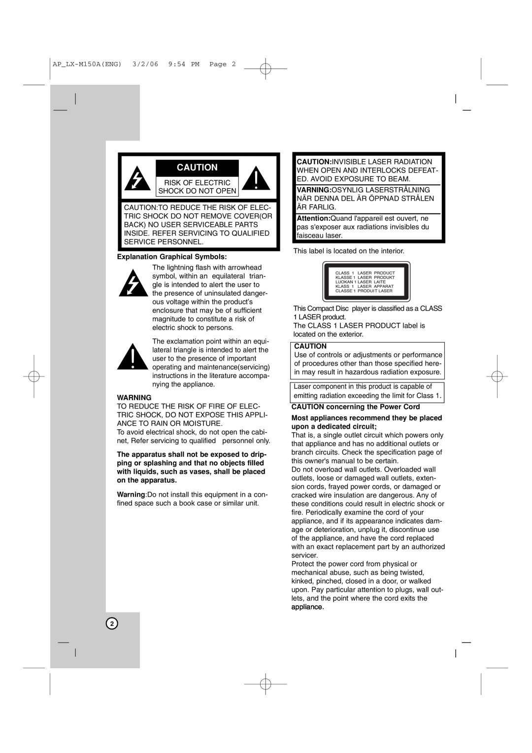LG Electronics LX-M150 owner manual Explanation Graphical Symbols, CAUTION concerning the Power Cord 