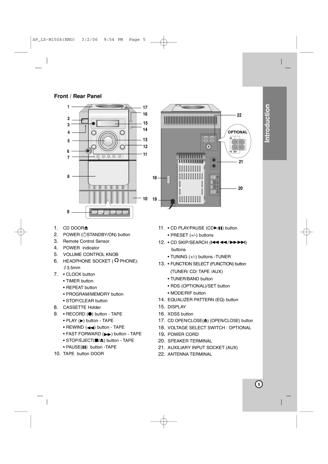LG Electronics LX-M150 owner manual Introduction, Front / Rear Panel, 1 2 3 4 5, 17 16 15 14 13 