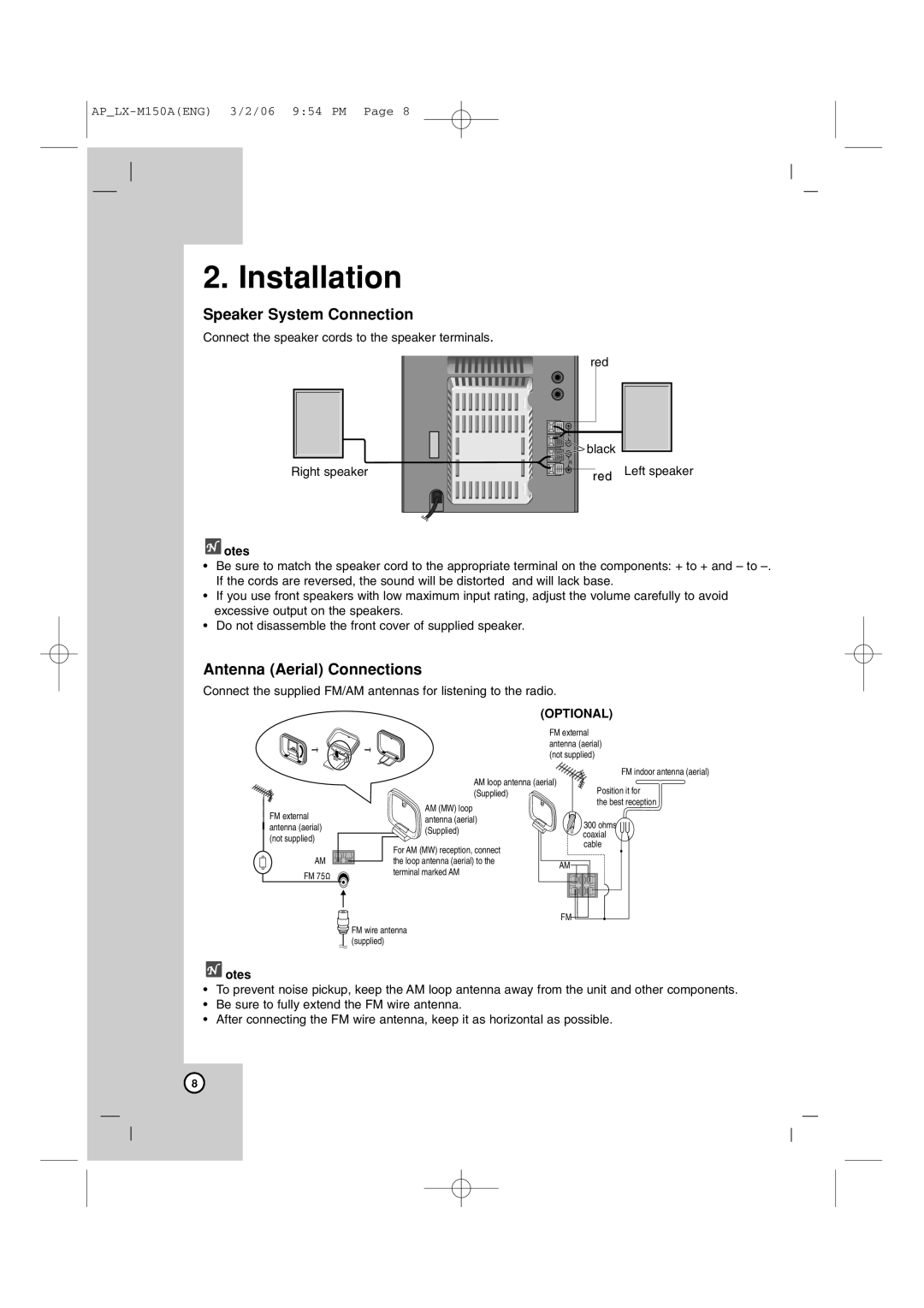 LG Electronics LX-M150 owner manual Installation, Speaker System Connection, Antenna Aerial Connections, otes, Optional 
