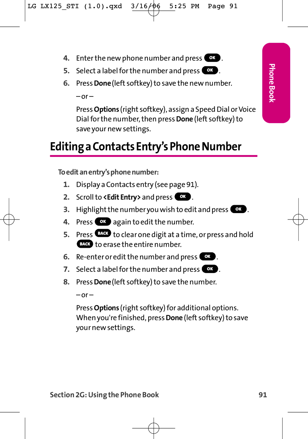 LG Electronics LX125 manual Editing a Contacts Entry’s Phone Number, Toeditanentry’sphonenumber 