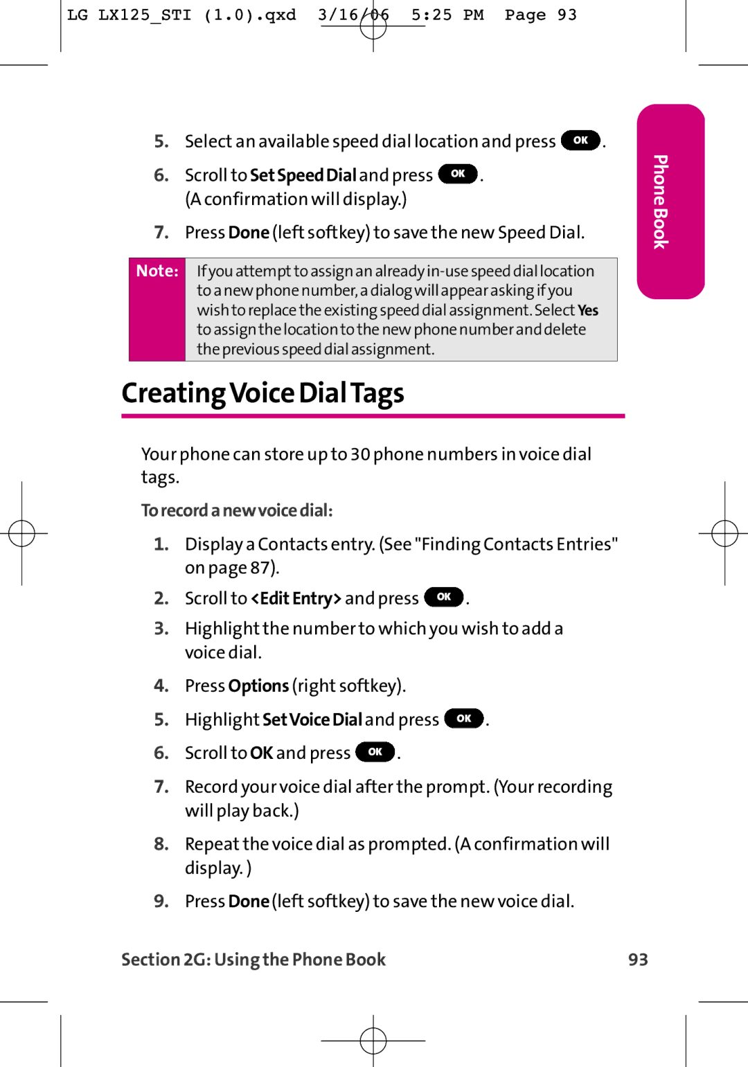 LG Electronics LX125 manual CreatingVoice DialTags, Torecordanewvoicedial 