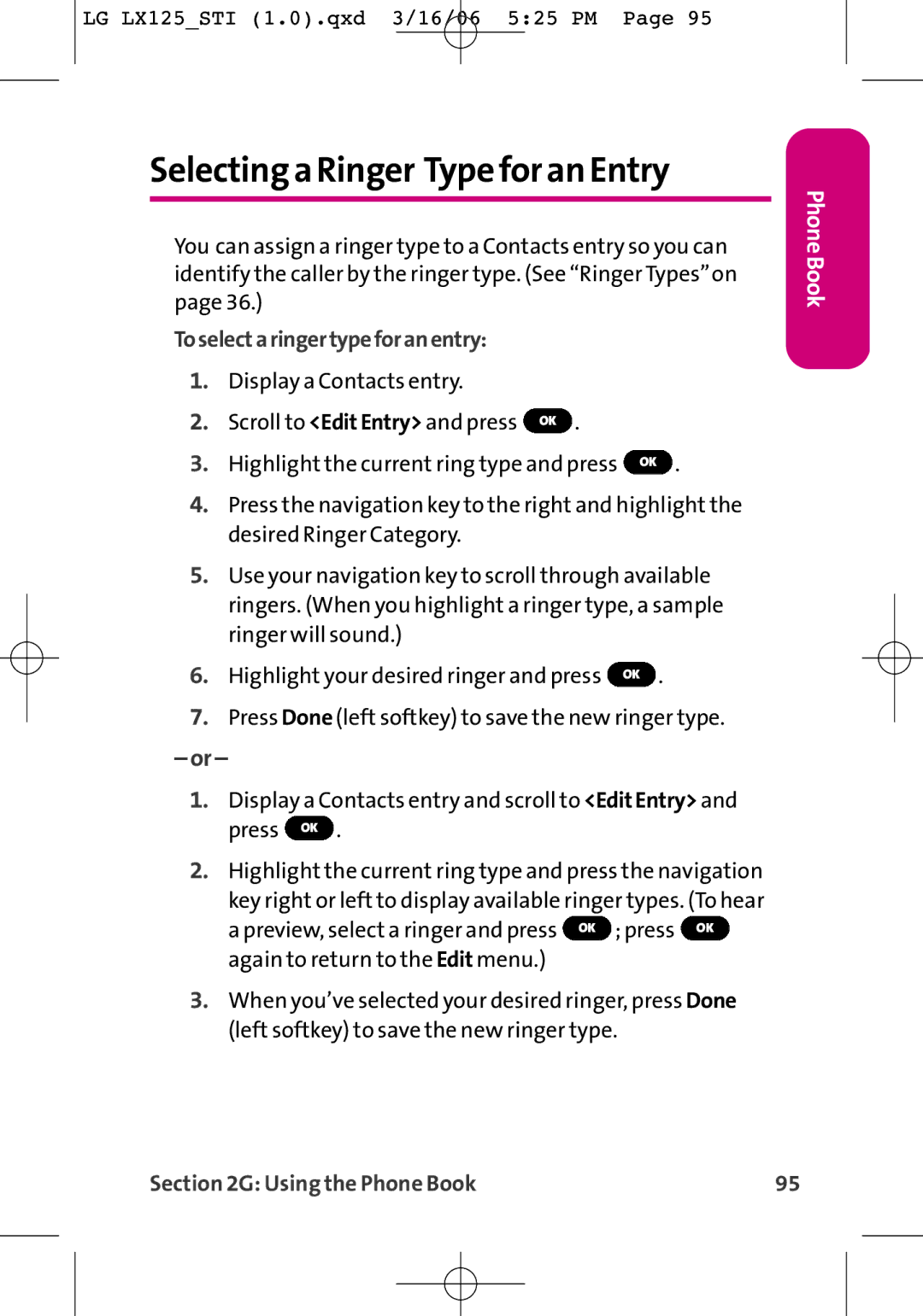 LG Electronics LX125 manual Selecting a Ringer Typefor an Entry, Toselectaringertypeforanentry 