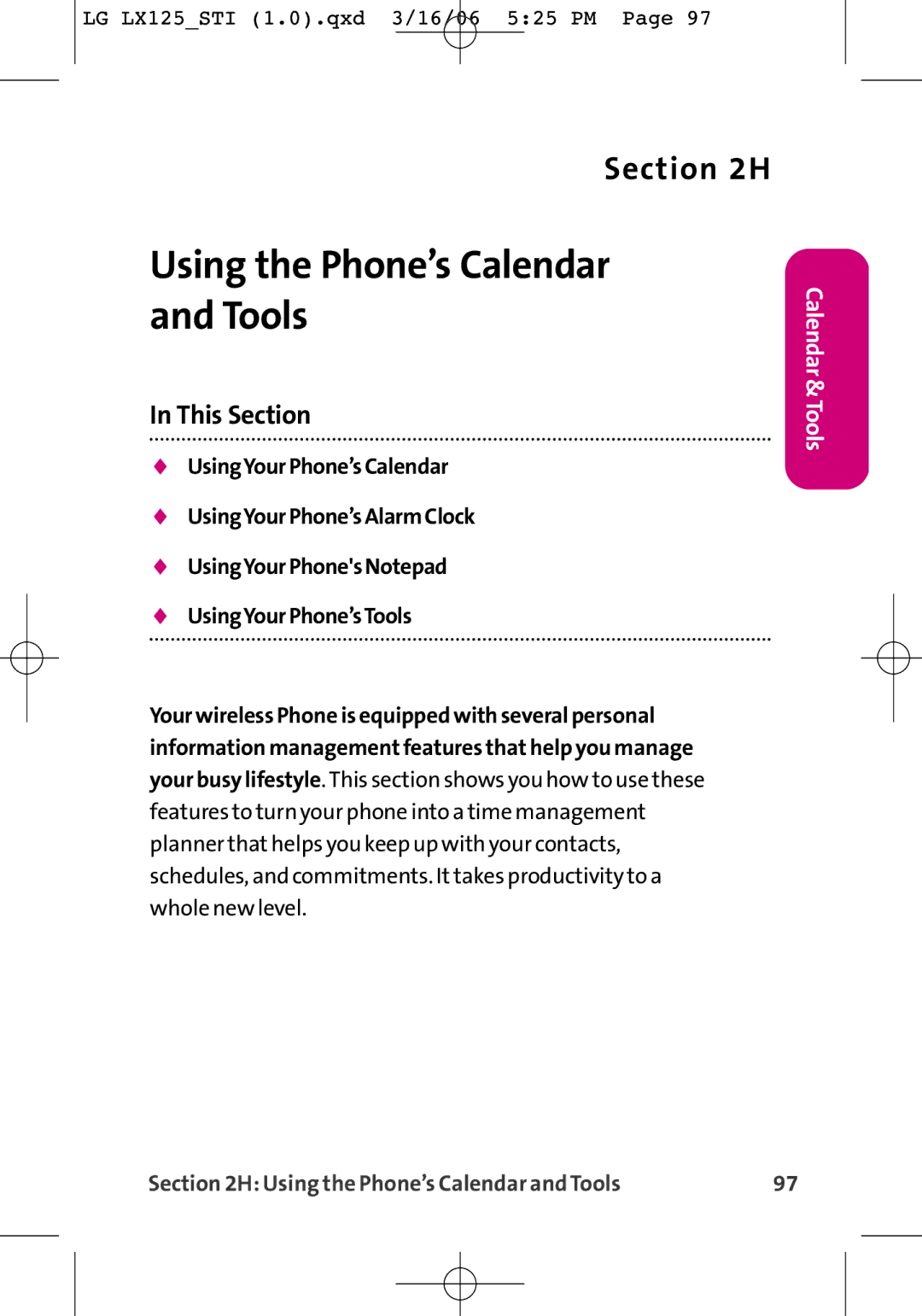 LG Electronics LX125 manual Using the Phone’s Calendar and Tools 