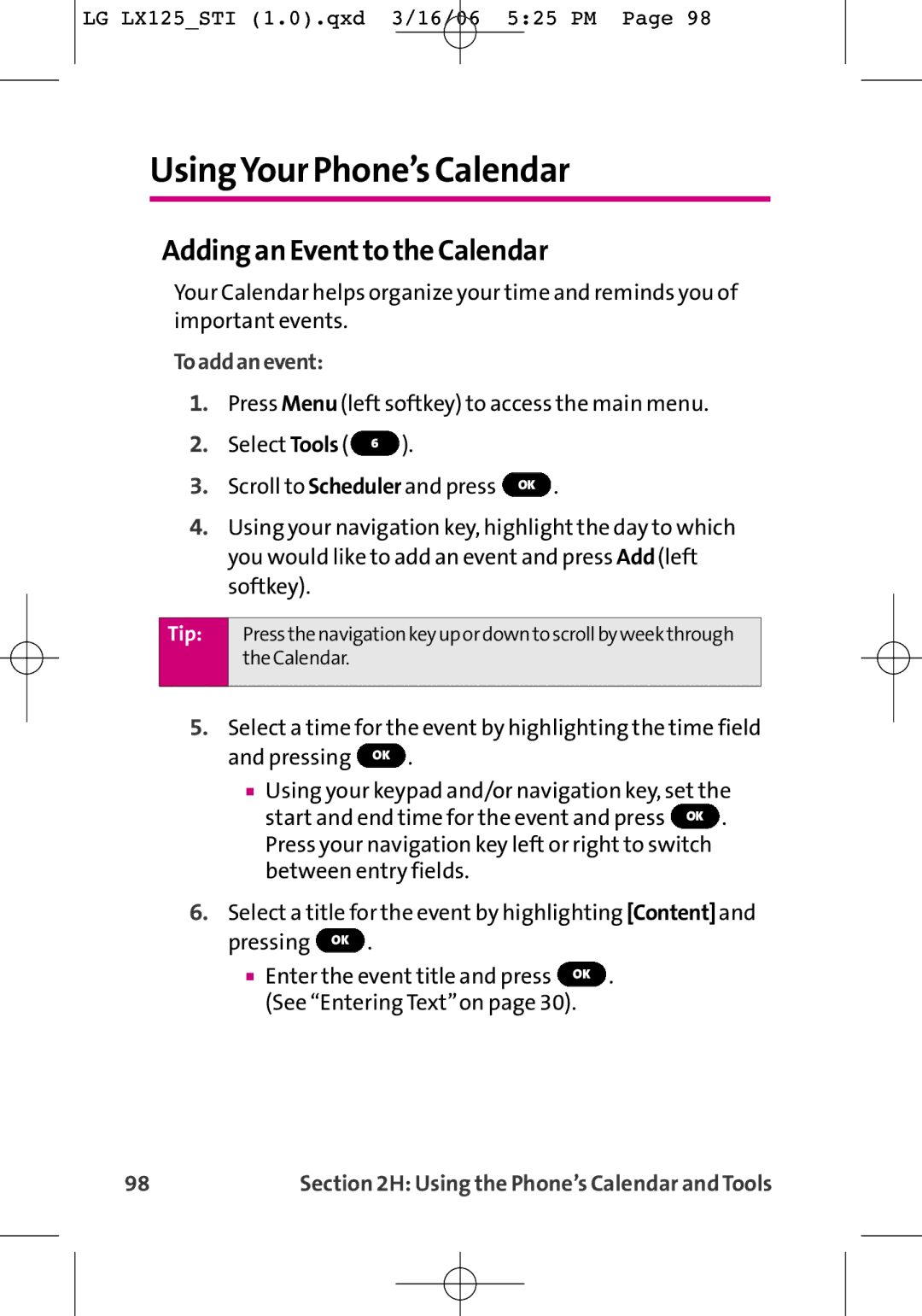 LG Electronics LX125 manual UsingYour Phone’s Calendar, Adding an Eventto the Calendar, Toaddanevent 