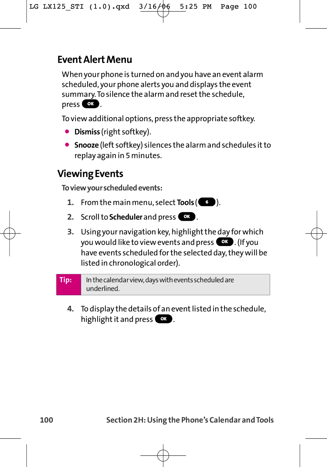 LG Electronics LX125 manual Event Alert Menu, Viewing Events, Toviewyourscheduledevents, 100 