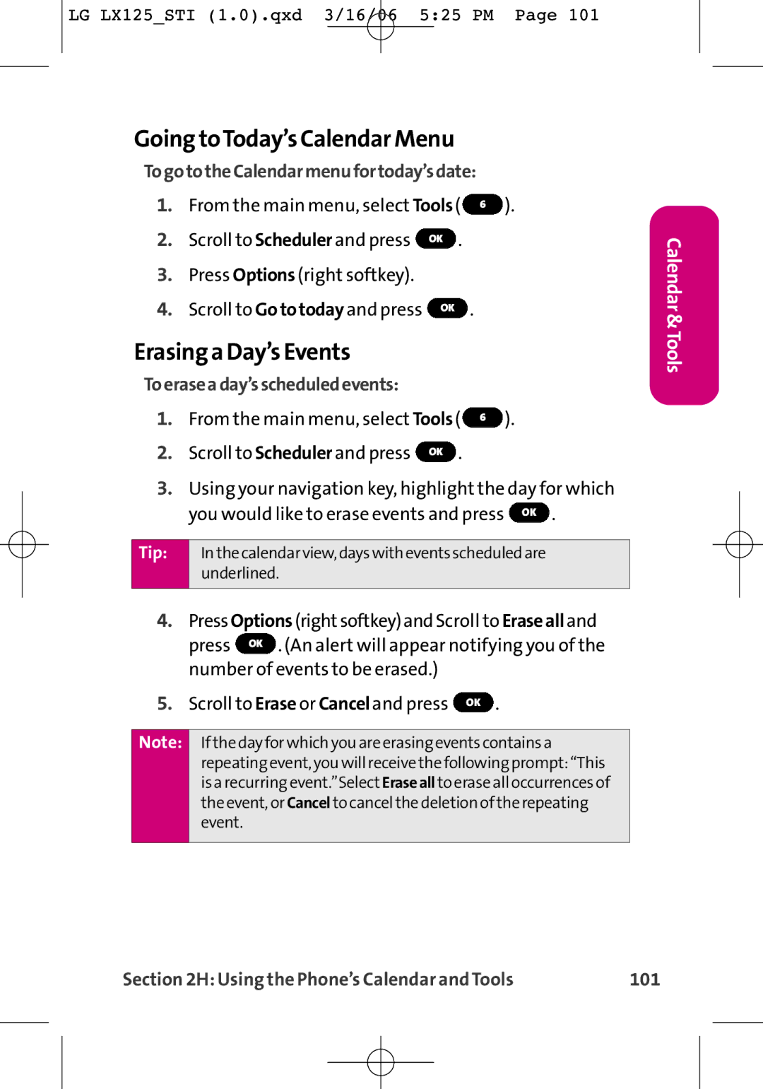 LG Electronics LX125 manual Going toToday’s Calendar Menu, Erasing a Day’s Events, TogototheCalendarmenufortoday’sdate, 101 