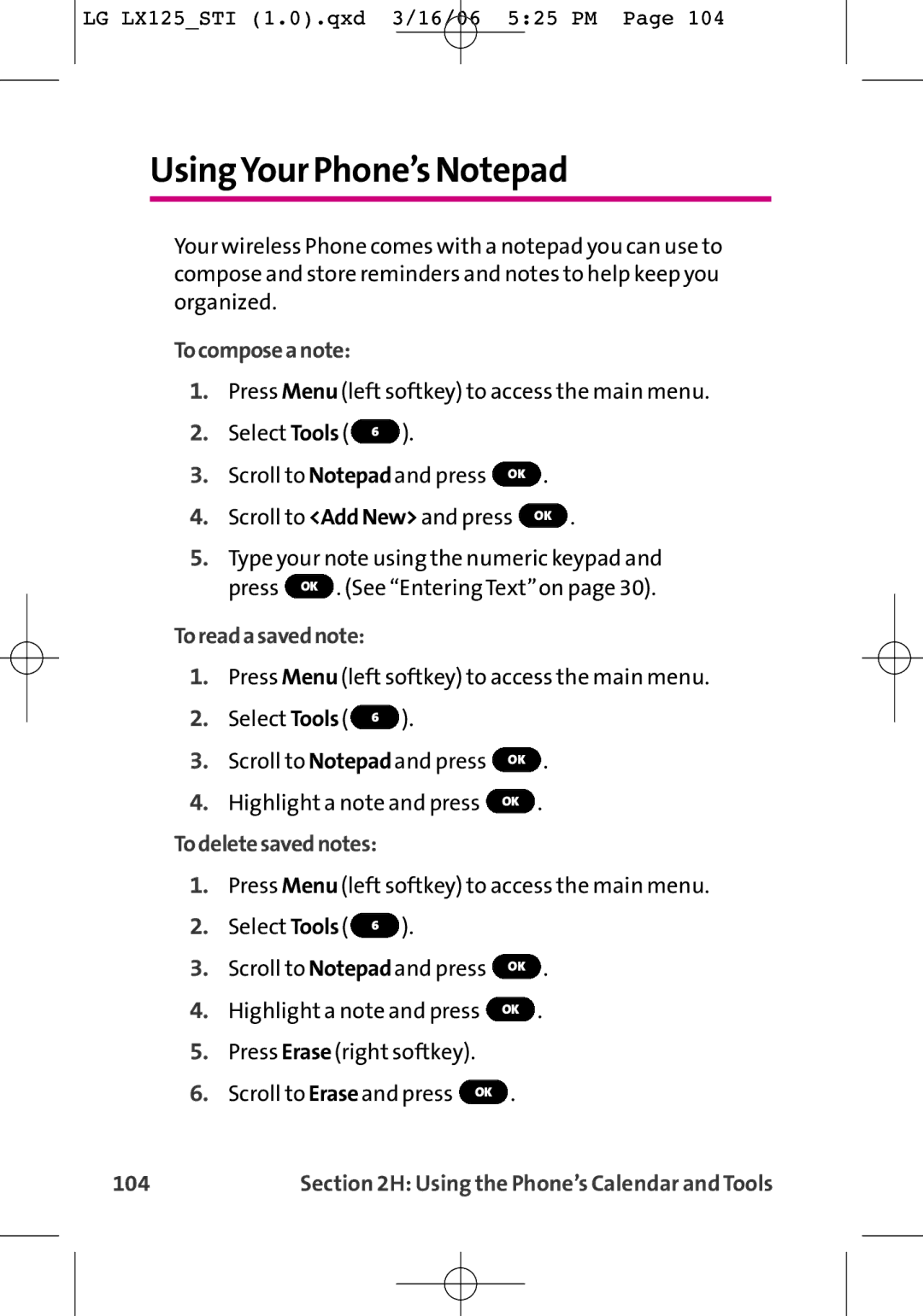 LG Electronics LX125 manual UsingYour Phone’s Notepad, Tocomposeanote, Toreadasavednote, Todeletesavednotes, 104 