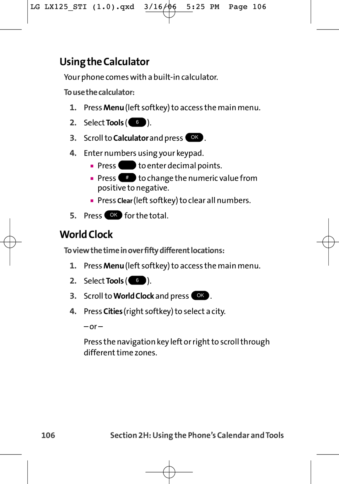 LG Electronics LX125 Using the Calculator, World Clock, Tousethecalculator, Toviewthetimeinoverfiftydifferentlocations 