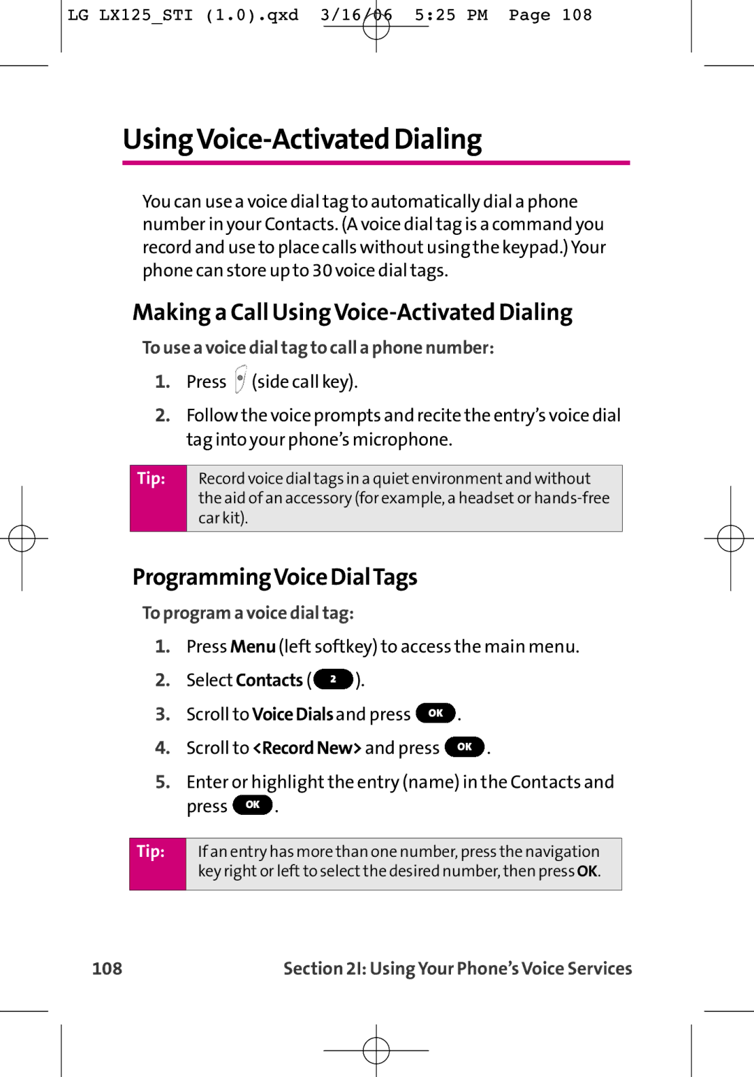 LG Electronics LX125 UsingVoice-Activated Dialing, Making a Call Using Voice-Activated Dialing, ProgrammingVoice DialTags 