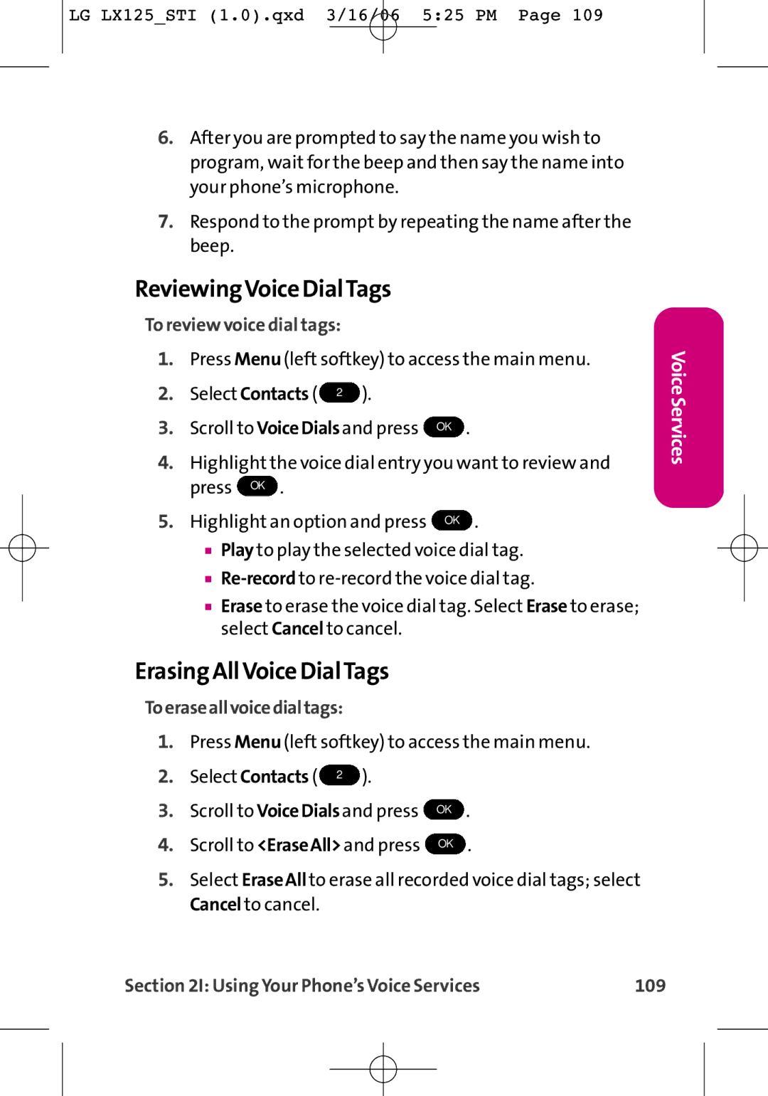 LG Electronics LX125 manual ReviewingVoice DialTags, Erasing AllVoice DialTags, To review voice dial tags 