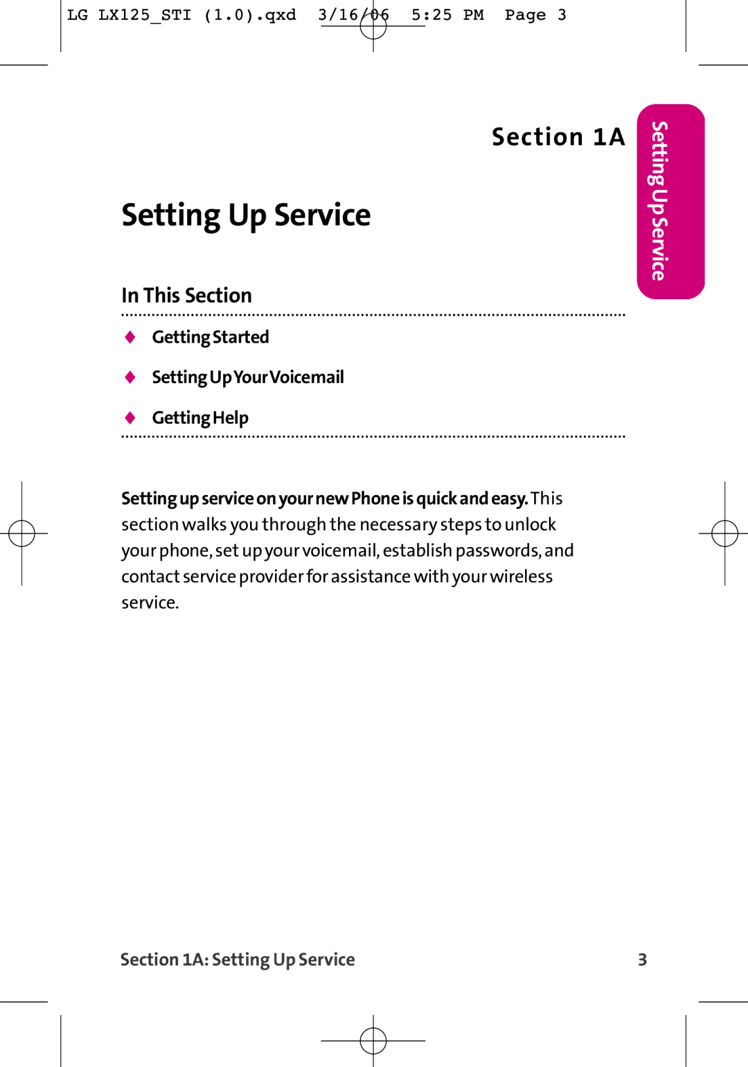 LG Electronics LX125 manual Setting Up Service, This Section 