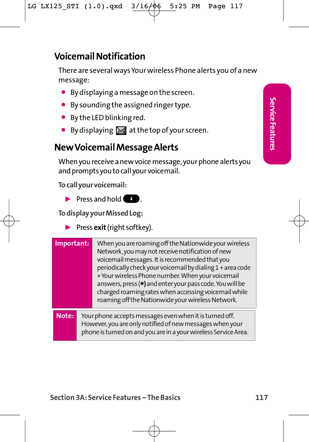 LG Electronics LX125 manual Voicemail Notification, NewVoicemail Message Alerts, To call your voicemail 