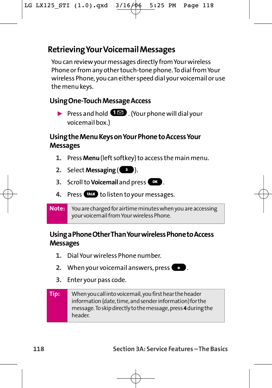 LG Electronics LX125 manual RetrievingYourVoicemail Messages, UsingOne-TouchMessageAccess, 118 