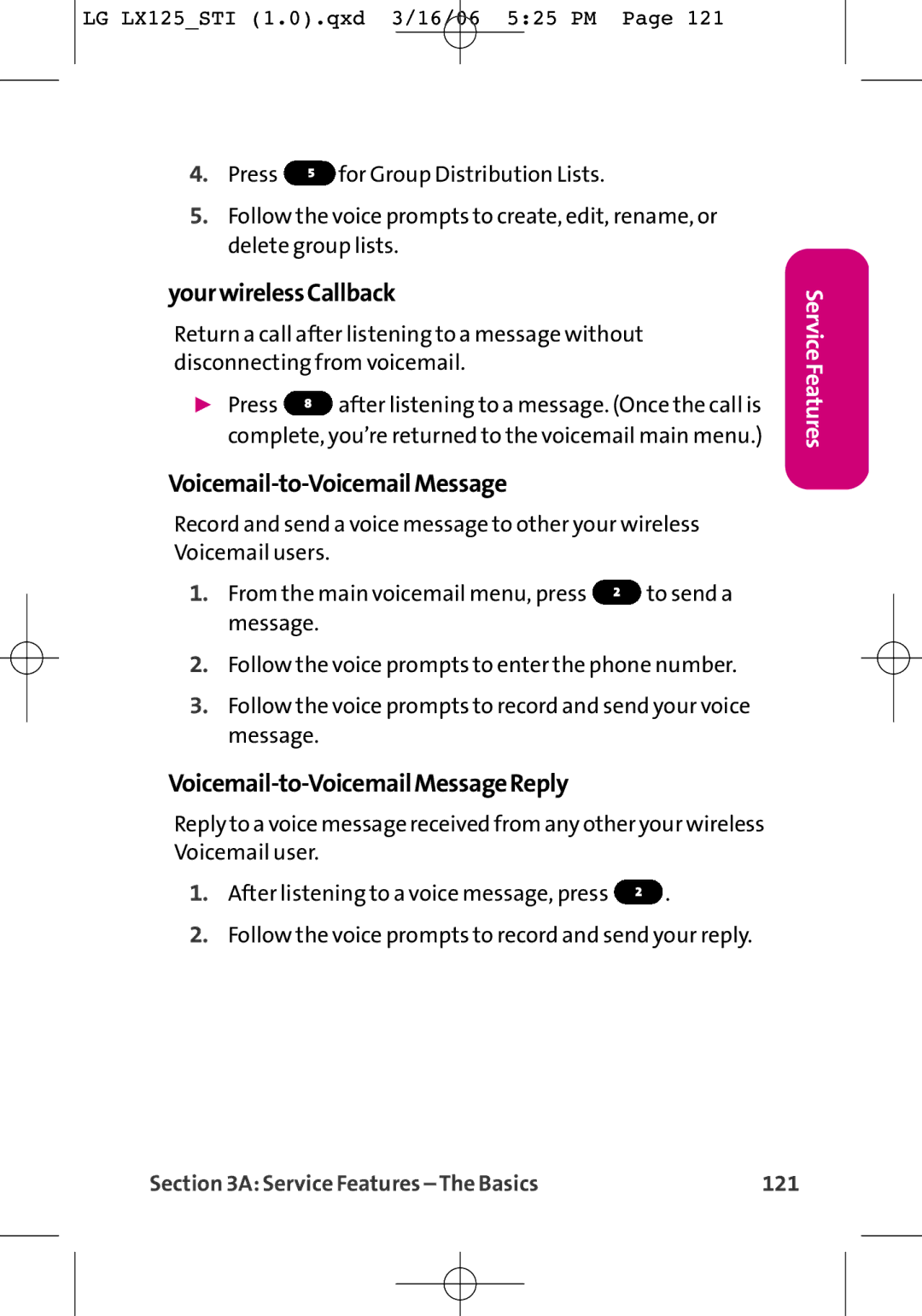 LG Electronics LX125 manual YourwirelessCallback, Voicemail-to-VoicemailMessageReply, Service Features The Basics 121 