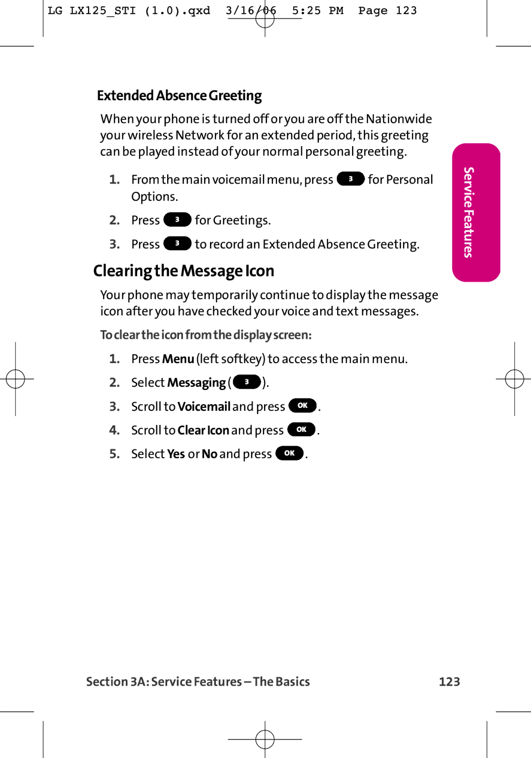 LG Electronics LX125 manual Clearing the Message Icon, ExtendedAbsenceGreeting, Tocleartheiconfromthedisplayscreen 