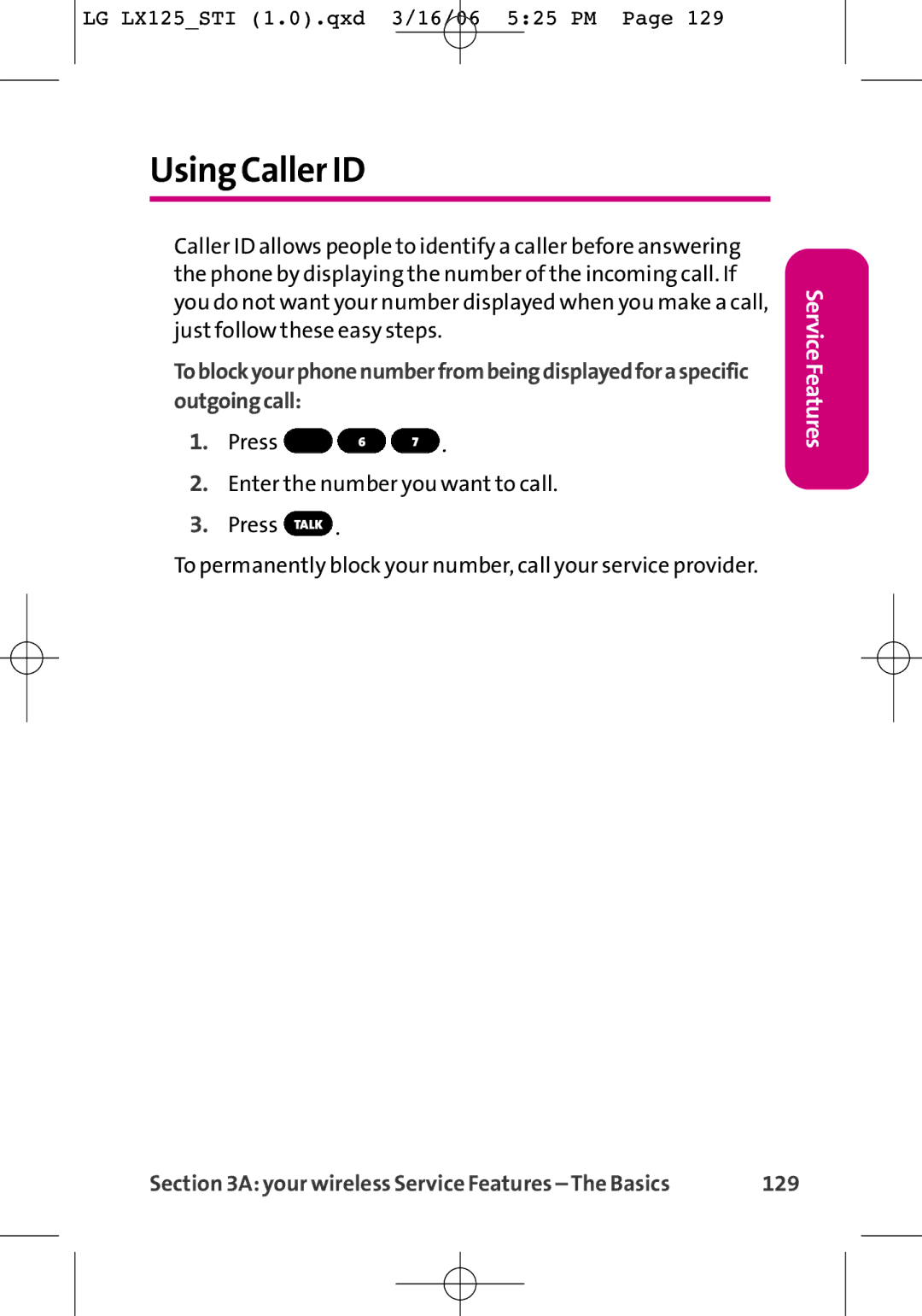 LG Electronics LX125 manual Using Caller ID, 129 