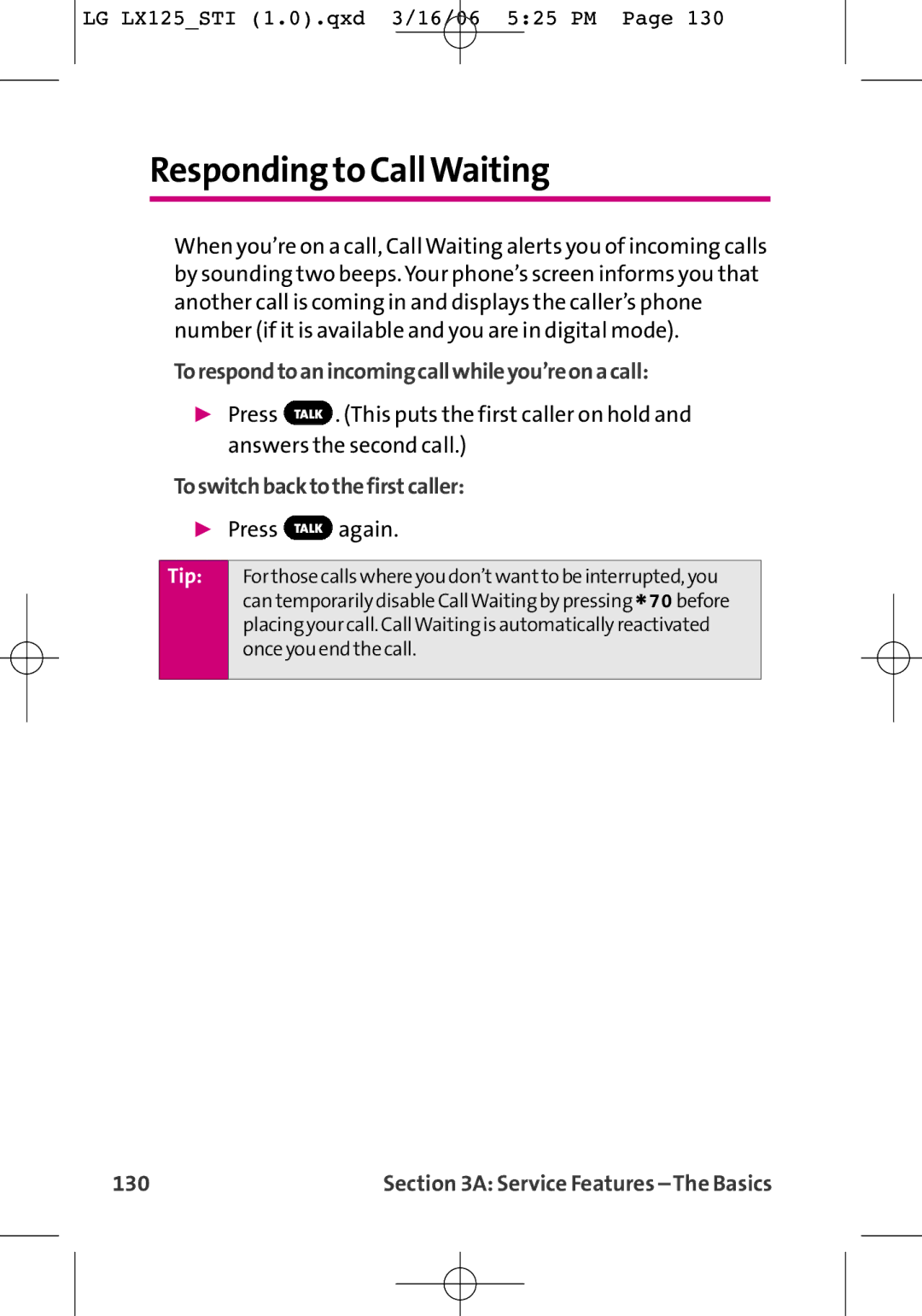 LG Electronics LX125 Responding to CallWaiting, Torespondtoanincomingcallwhileyou’reonacall, Toswitchbacktothefirstcaller 