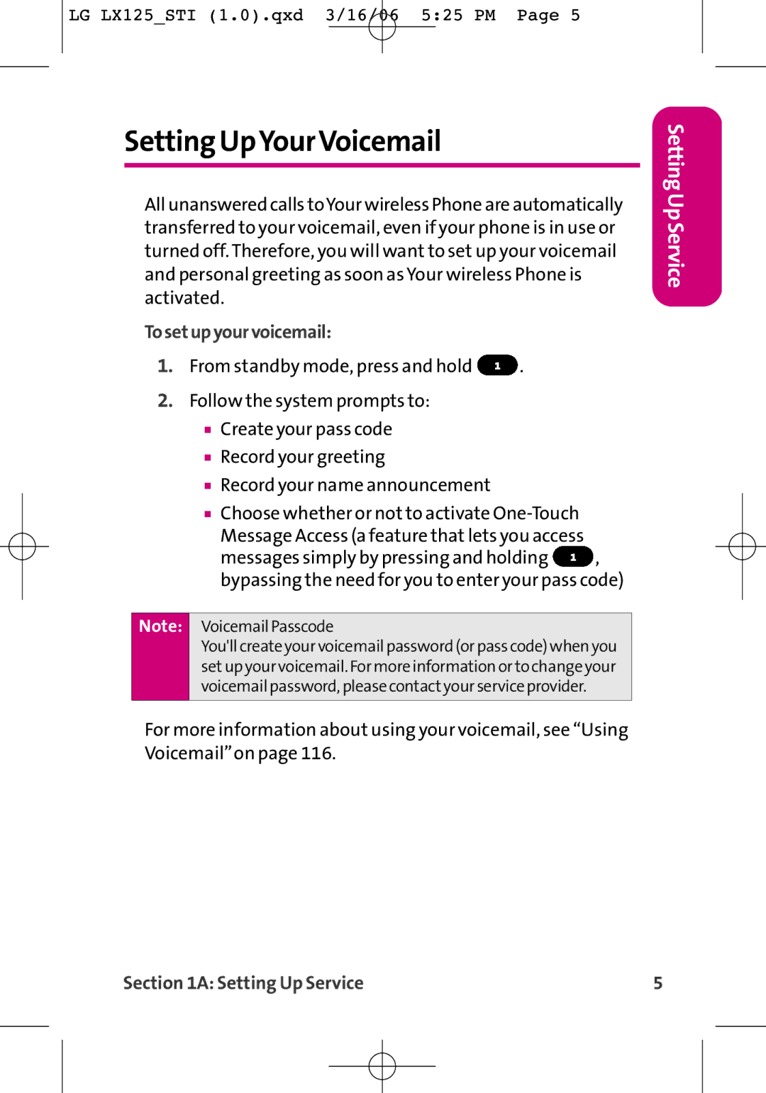 LG Electronics LX125 manual Setting UpYourVoicemail, Tosetupyourvoicemail 