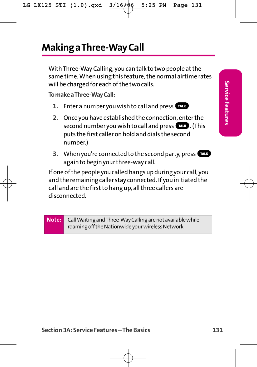 LG Electronics LX125 manual Making aThree-Way Call, TomakeaThree-WayCall, Service Features The Basics 131 
