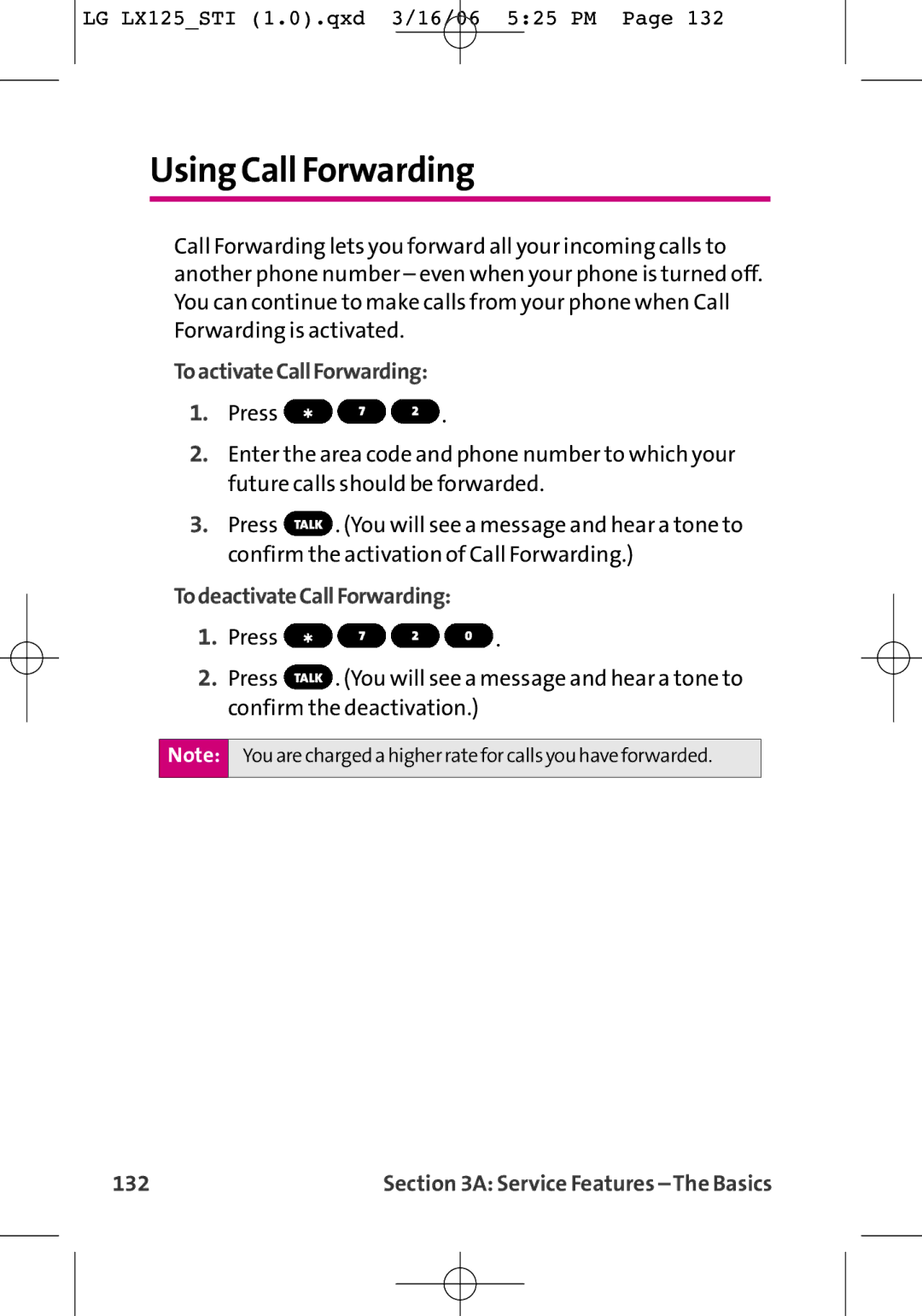 LG Electronics LX125 manual Using Call Forwarding, ToactivateCallForwarding, 132 