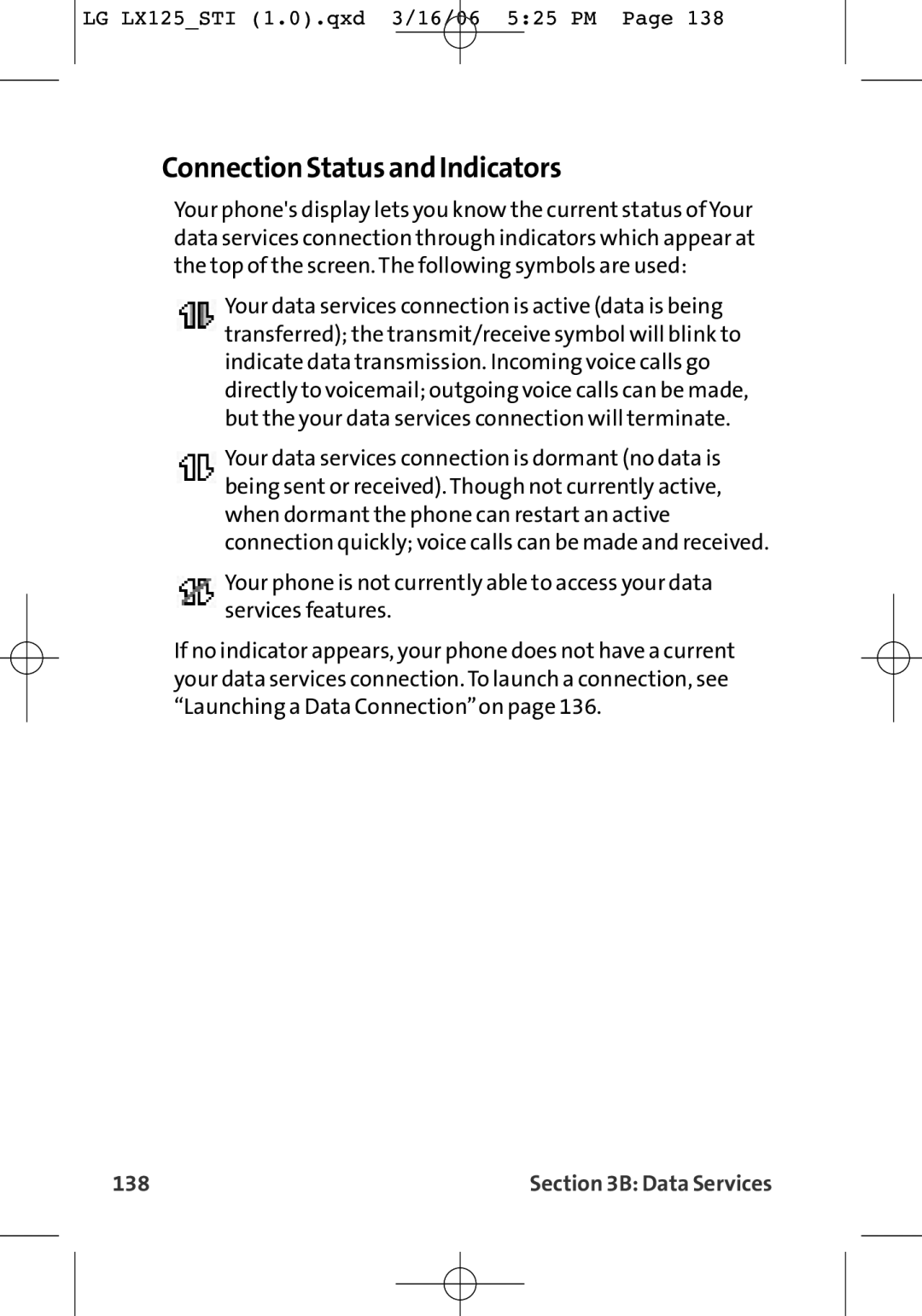 LG Electronics LX125 manual Connection Status and Indicators, 138 