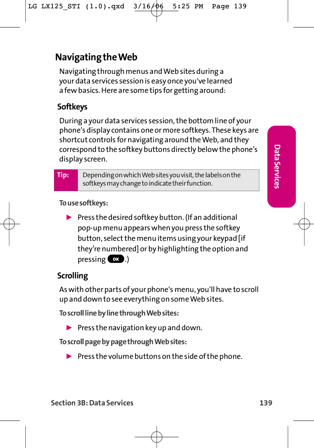 LG Electronics LX125 manual Navigating theWeb, Softkeys, Scrolling 